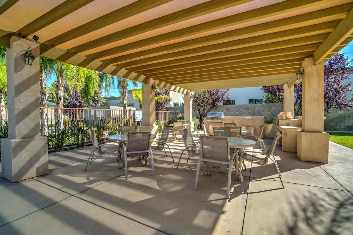 Stainless steel barbecue under a pergola