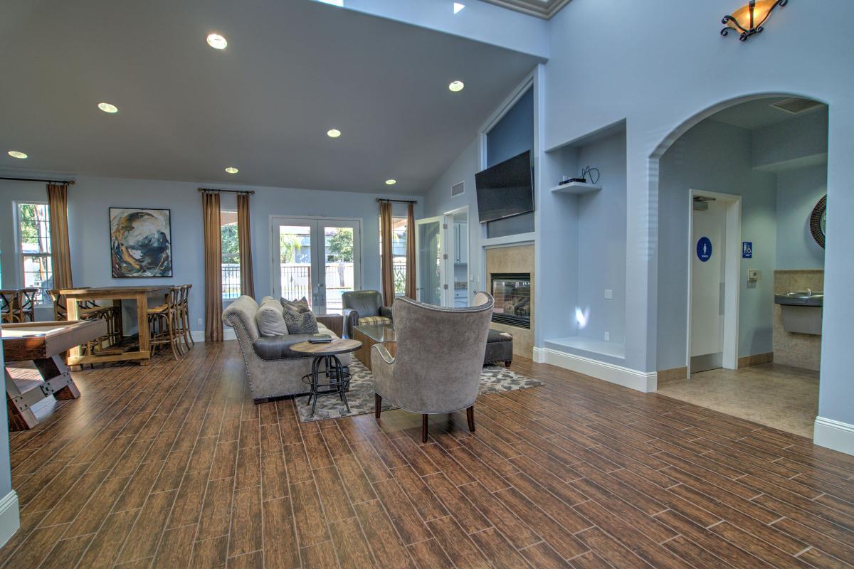 Community living room with a fireplace