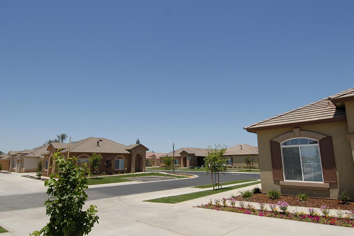 Community buildings with red mulch