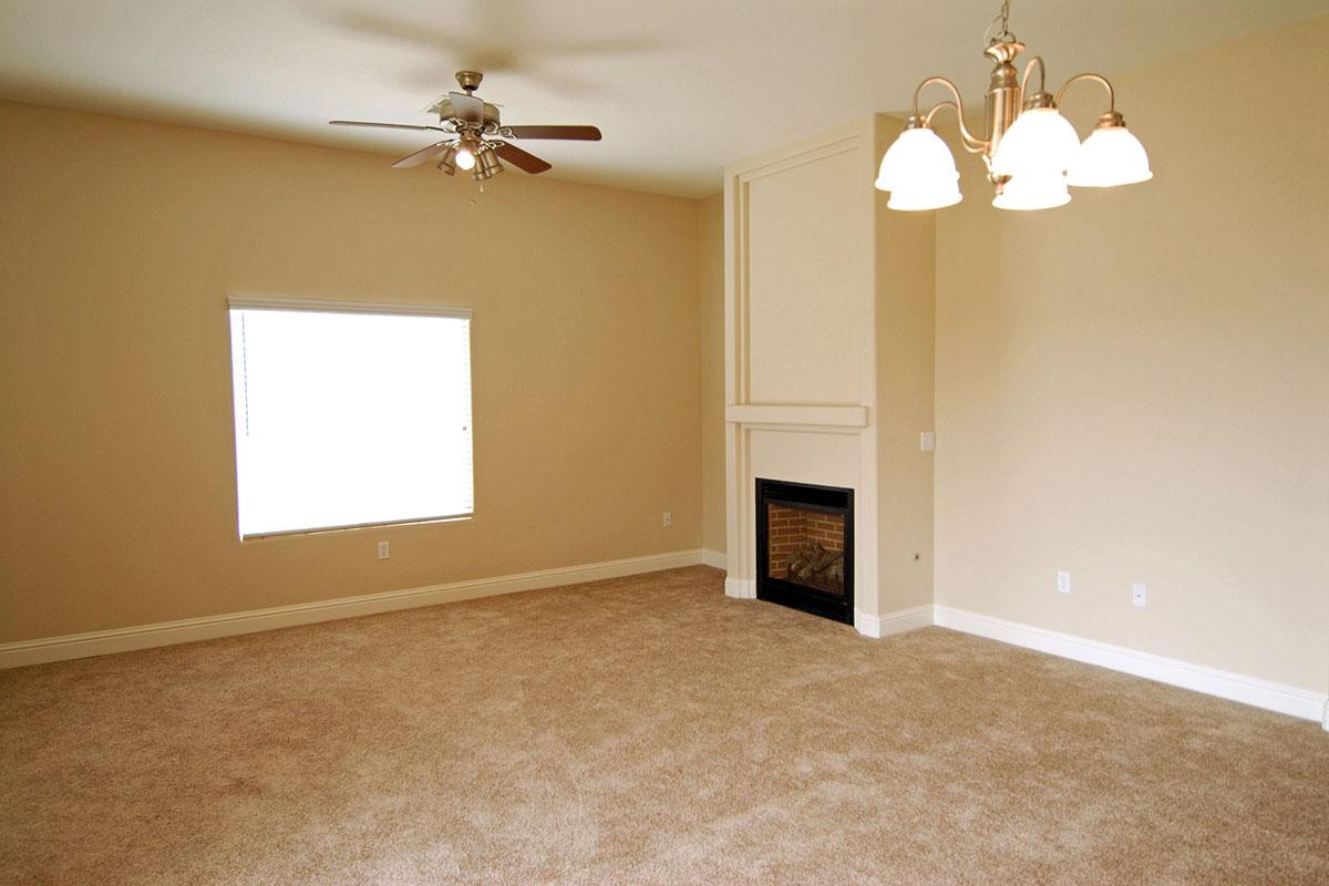 Living room with a fireplace and carpet