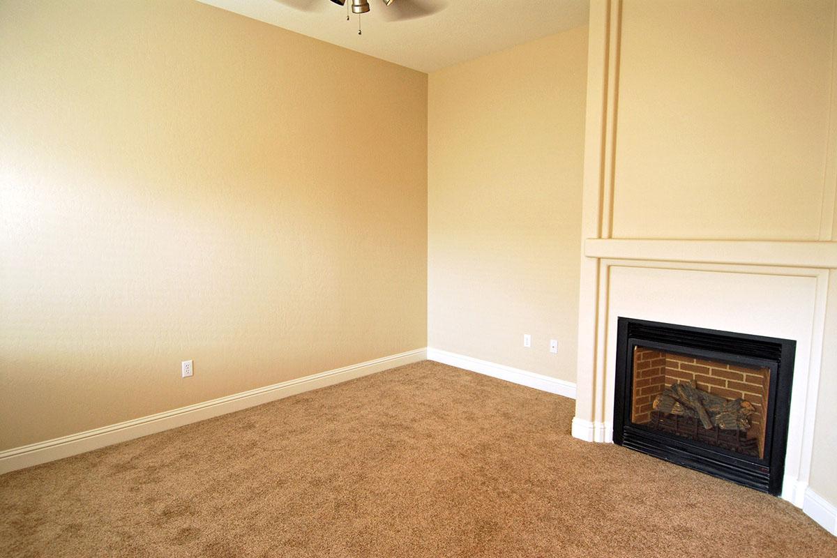 Carpeted living room with a fireplace