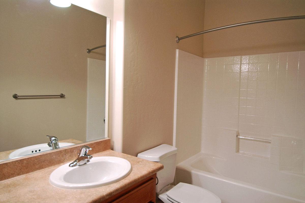 Vacant bathroom with tan countertops