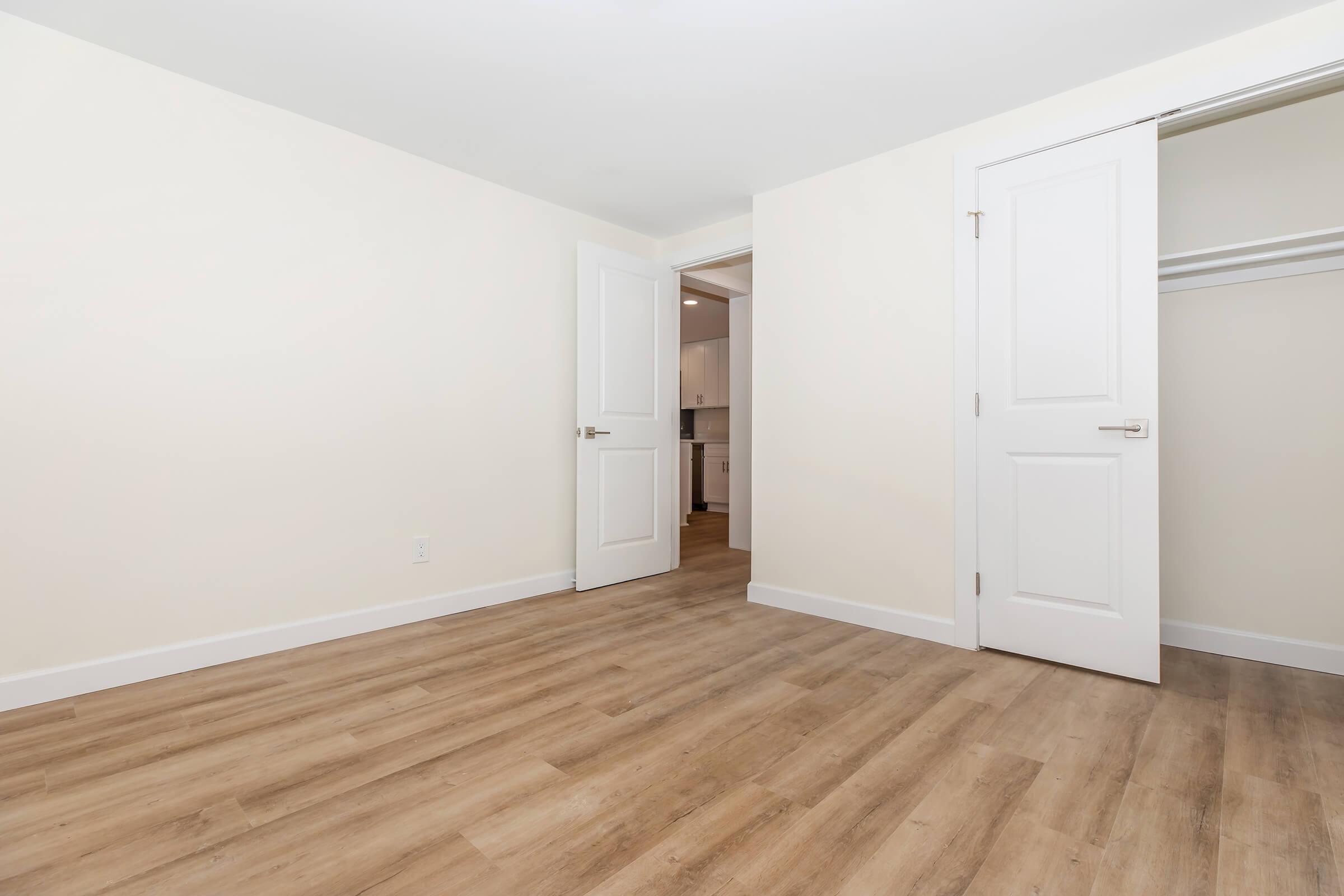 Empty room featuring light-colored walls, a wooden floor, and two open doors leading to other spaces. A closet is visible on the right side, and the overall ambiance is bright and spacious, suggesting a clean and modern living area.