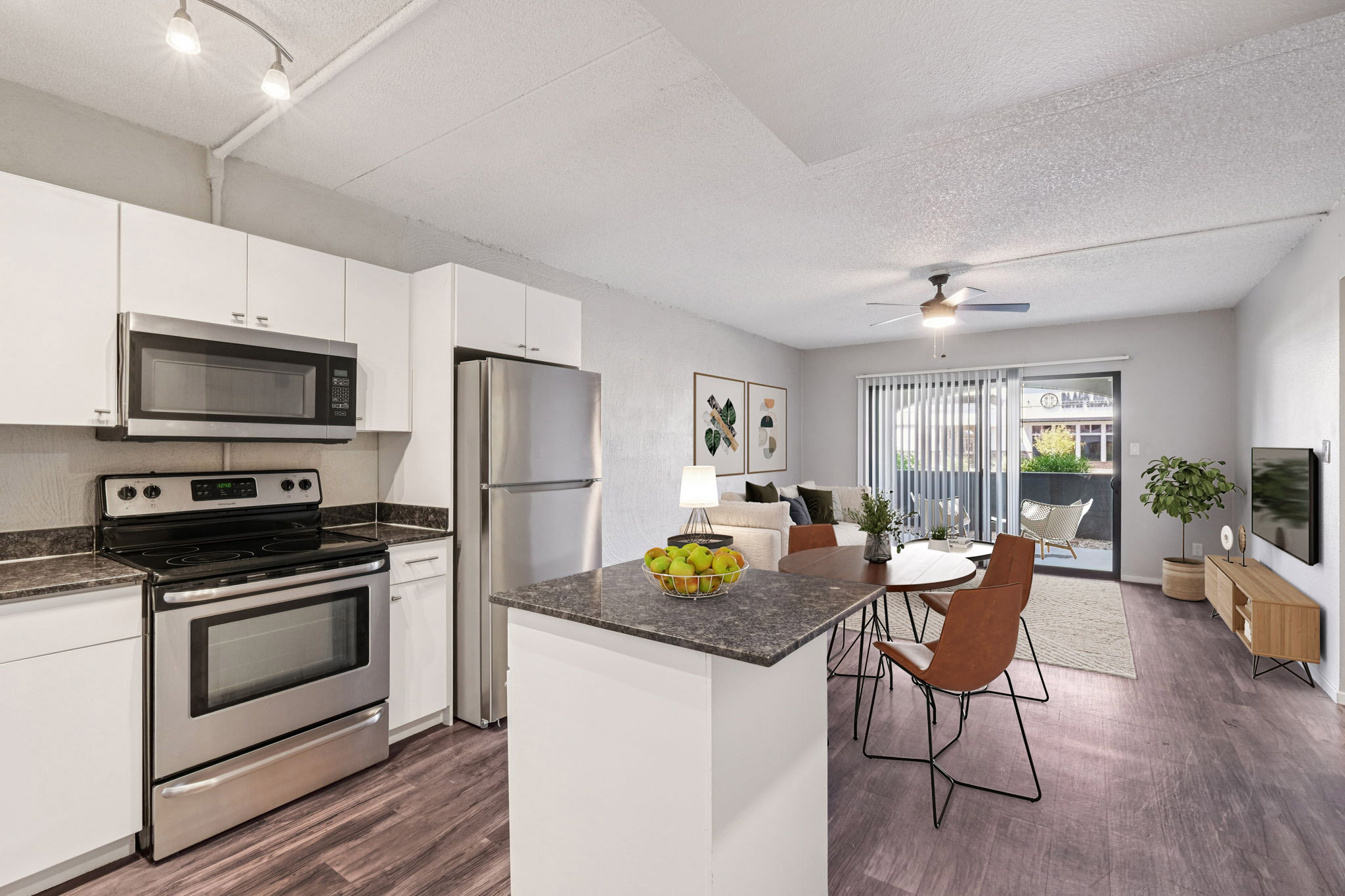 Modern kitchen and dining area featuring stainless steel appliances, a black countertop, and a dining table with brown chairs. A living area with a fan, rug, and plants is visible in the background, along with sliding glass doors leading to a patio. Natural light brightens the space.