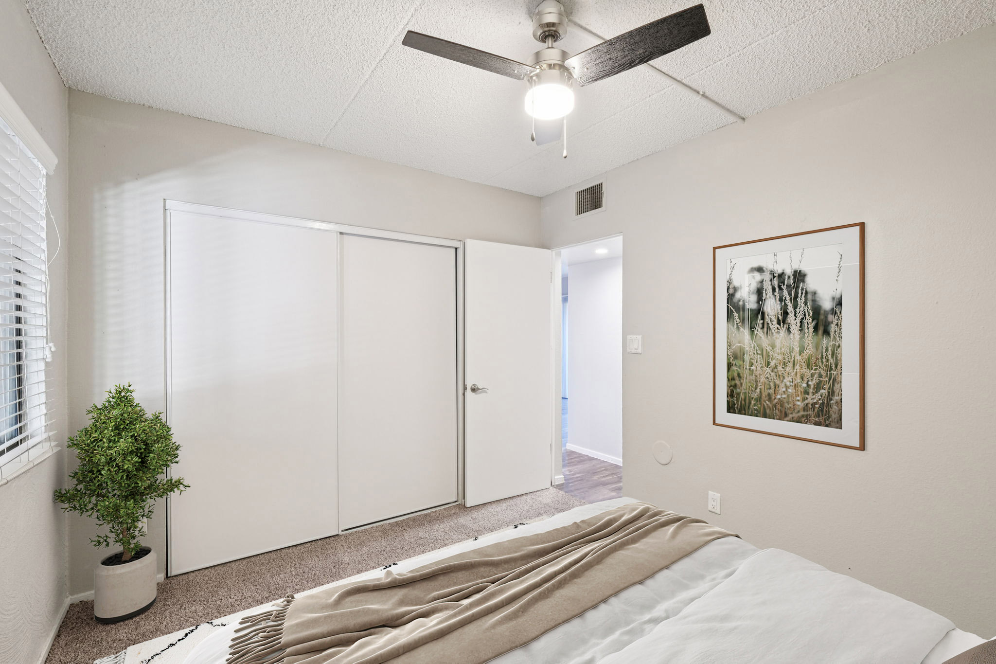 A modern bedroom featuring a cozy bed with a patterned throw blanket, a small indoor plant, and a large framed nature photograph on the wall. There is a closet with sliding doors and a ceiling fan above, enhancing the room's bright and airy feel. Natural light streams in through a nearby window.
