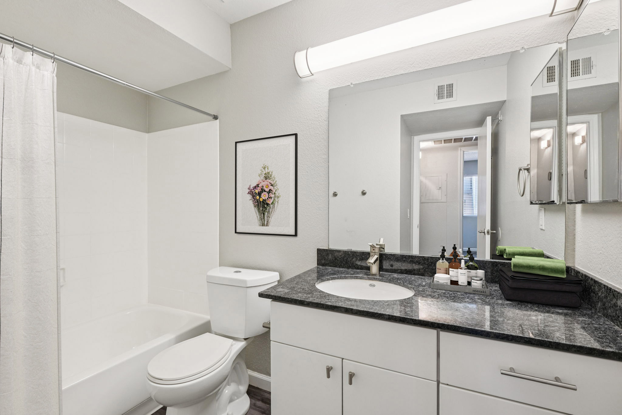 A modern bathroom featuring a white tub with a shower curtain, a toilet, a dark granite countertop with various toiletries, a mirror above the sink, and a wall-mounted light. A floral print is mounted on the wall, and a door leads to another room. The space is bright and minimalistic.