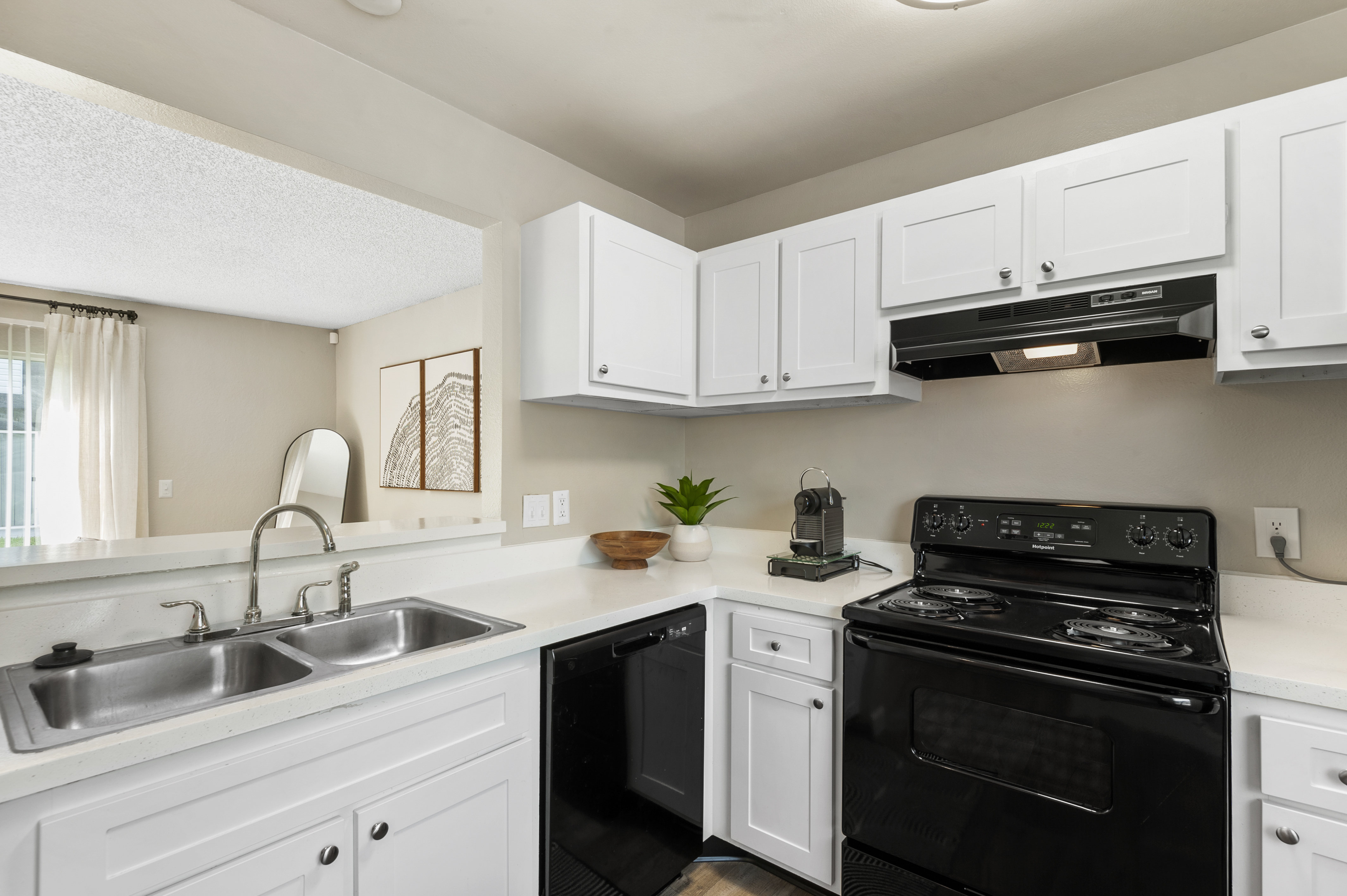 A modern kitchen featuring white cabinets, a black stove, and a double sink. The countertop is light-colored, and there's a black dishwasher. A small plant decorates the counter, and a mirror can be seen in the background along with a framed artwork on the wall. The overall design is clean and contemporary.