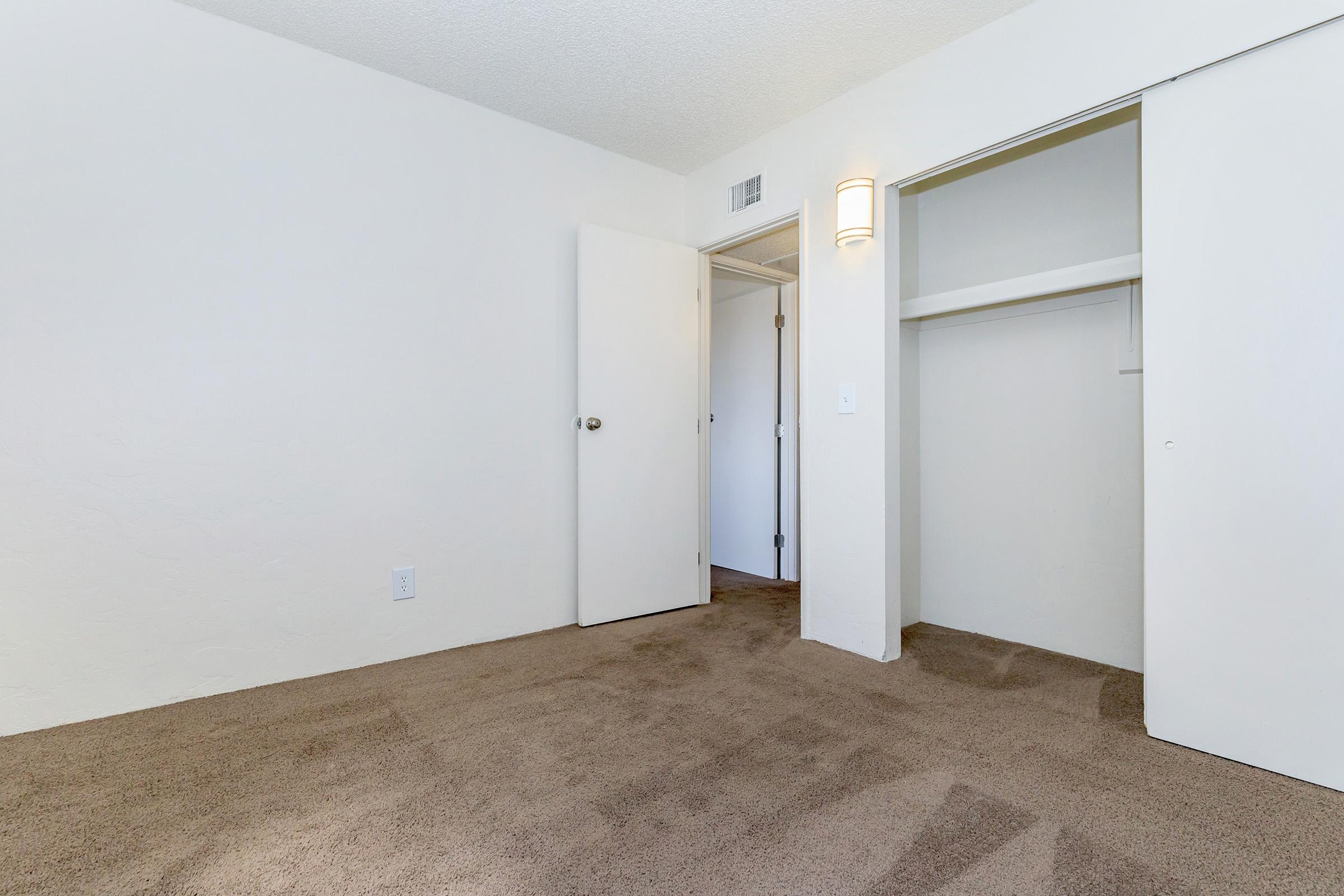 Empty room with beige carpet, white walls, and a ceiling light. There are two doors: one leading to another room and the other to a small closet. The space is bright and uncluttered, giving a sense of openness.