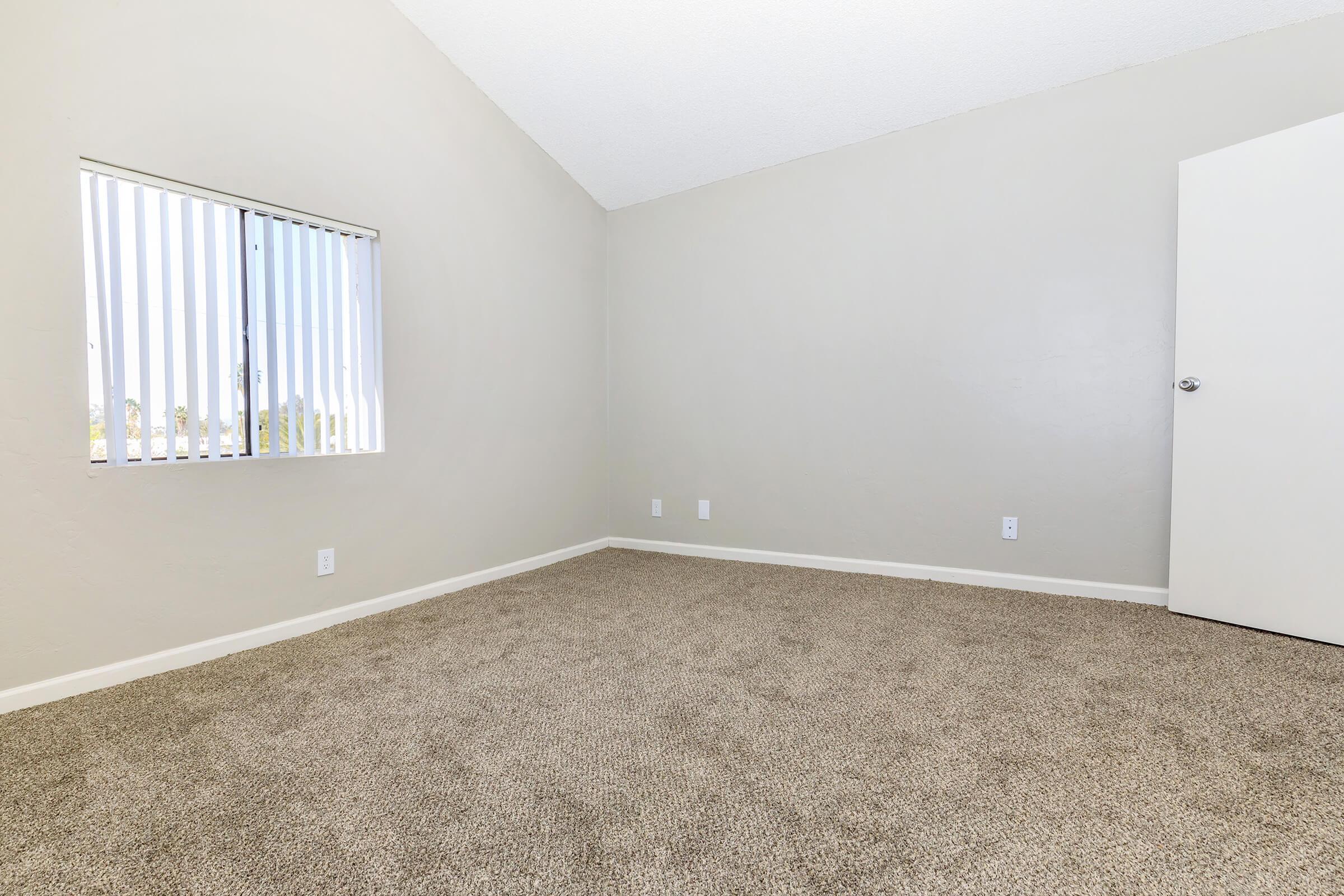 A spacious, minimally furnished room with beige carpet. A wall features a small window with vertical blinds, allowing natural light. The opposite wall has a closed white door. The room has neutral-colored walls and a high ceiling, creating an open and airy atmosphere.
