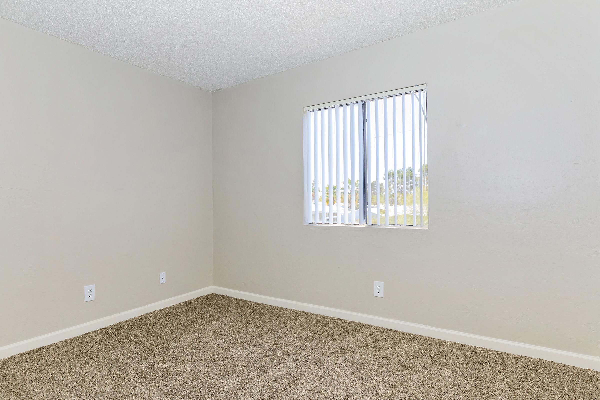 Empty room with light gray walls and beige carpet. A window with vertical blinds allows natural light to enter, revealing a view of greenery outside. The space is unfurnished, creating a blank canvas for potential use.