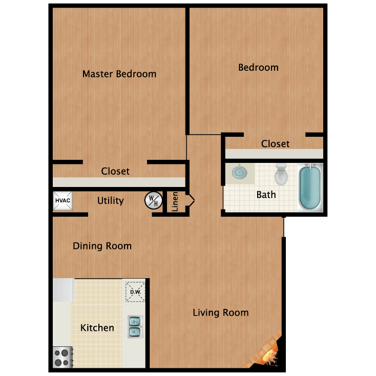 2 Bed 1 Bath floor plan image