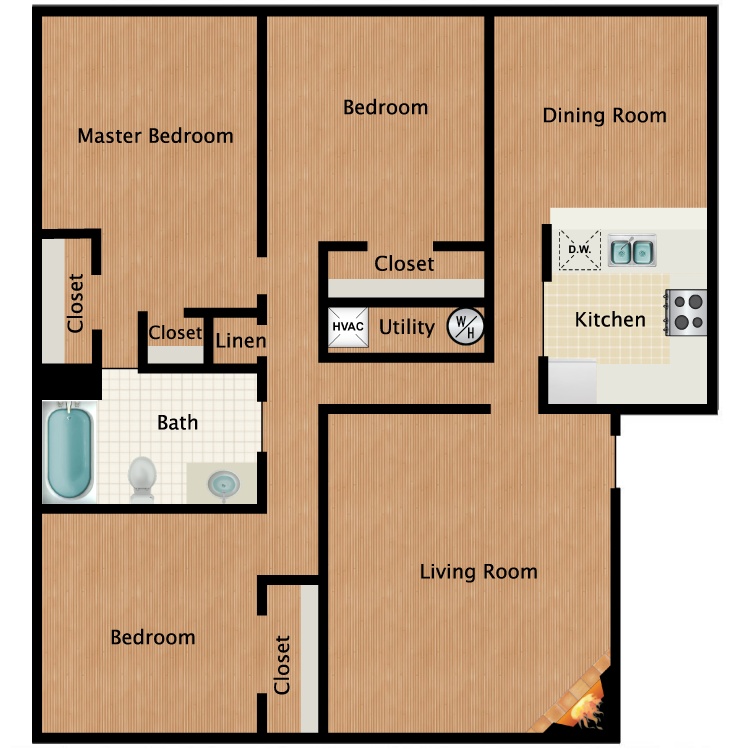 3 Bed 1 Bath floor plan image