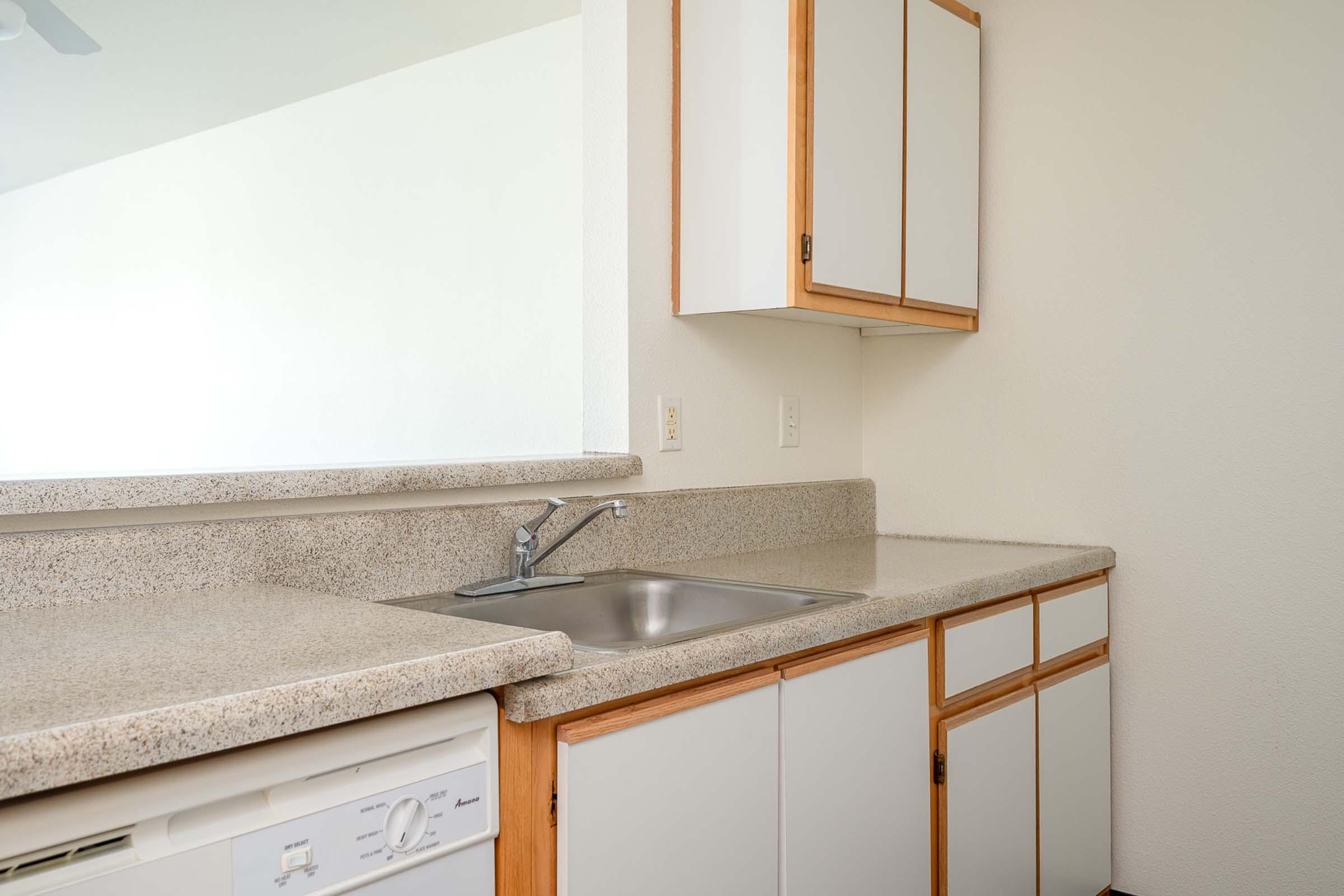 A clean, modern kitchen with a granite countertop, a stainless steel sink, a dishwasher, and wooden cabinets. The walls are light-colored, and there's natural light coming from a nearby window. The kitchen appears uncluttered and well-maintained.