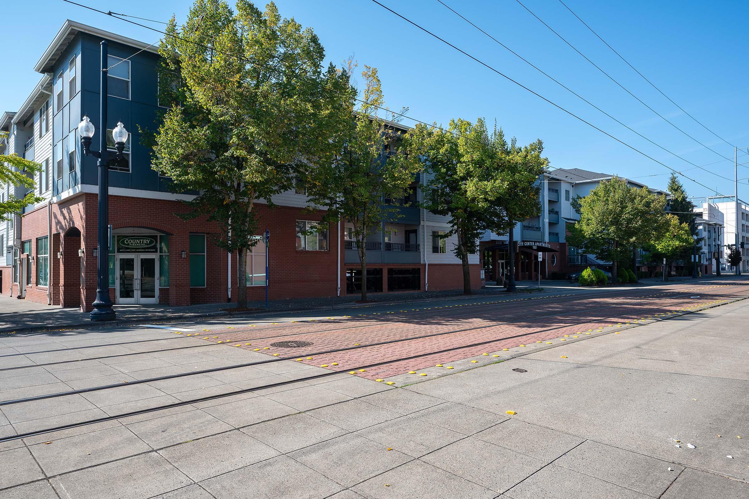 A wide street view featuring a brick building on the left with a sign, surrounded by trees. Residential buildings are visible on the right side. The scene is set under a clear blue sky, and the pavement is marked with parallel lines and leaves scattered across the ground.