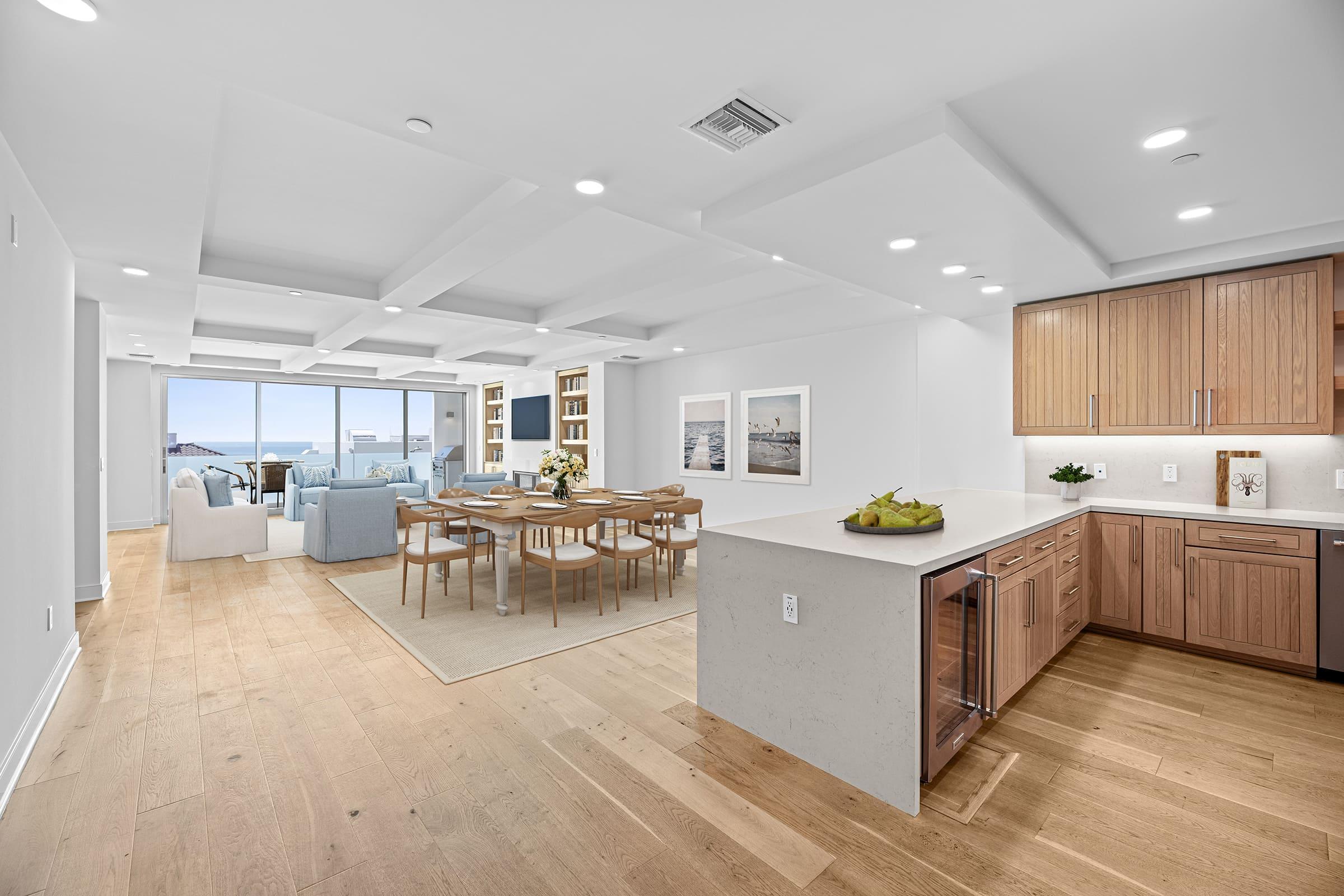 a kitchen with a wood floor