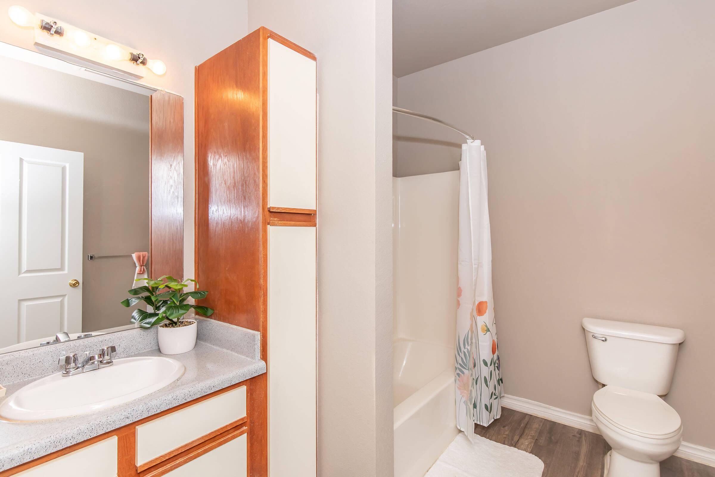 A modern bathroom featuring a vanity with sink and mirror, a wooden cabinet, a white toilet, and a shower area with a curved curtain. Soft, neutral wall colors enhance the space, and a potted plant adds a touch of greenery to the countertop.