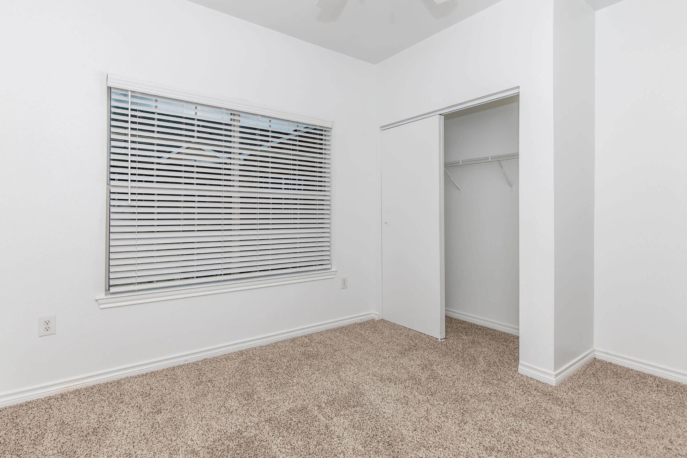 A well-lit, empty room featuring a large window with horizontal blinds and light-colored walls. The flooring is covered with plush beige carpet. There's an open closet with a sliding door and a couple of hangers visible, creating a clean and spacious appearance.