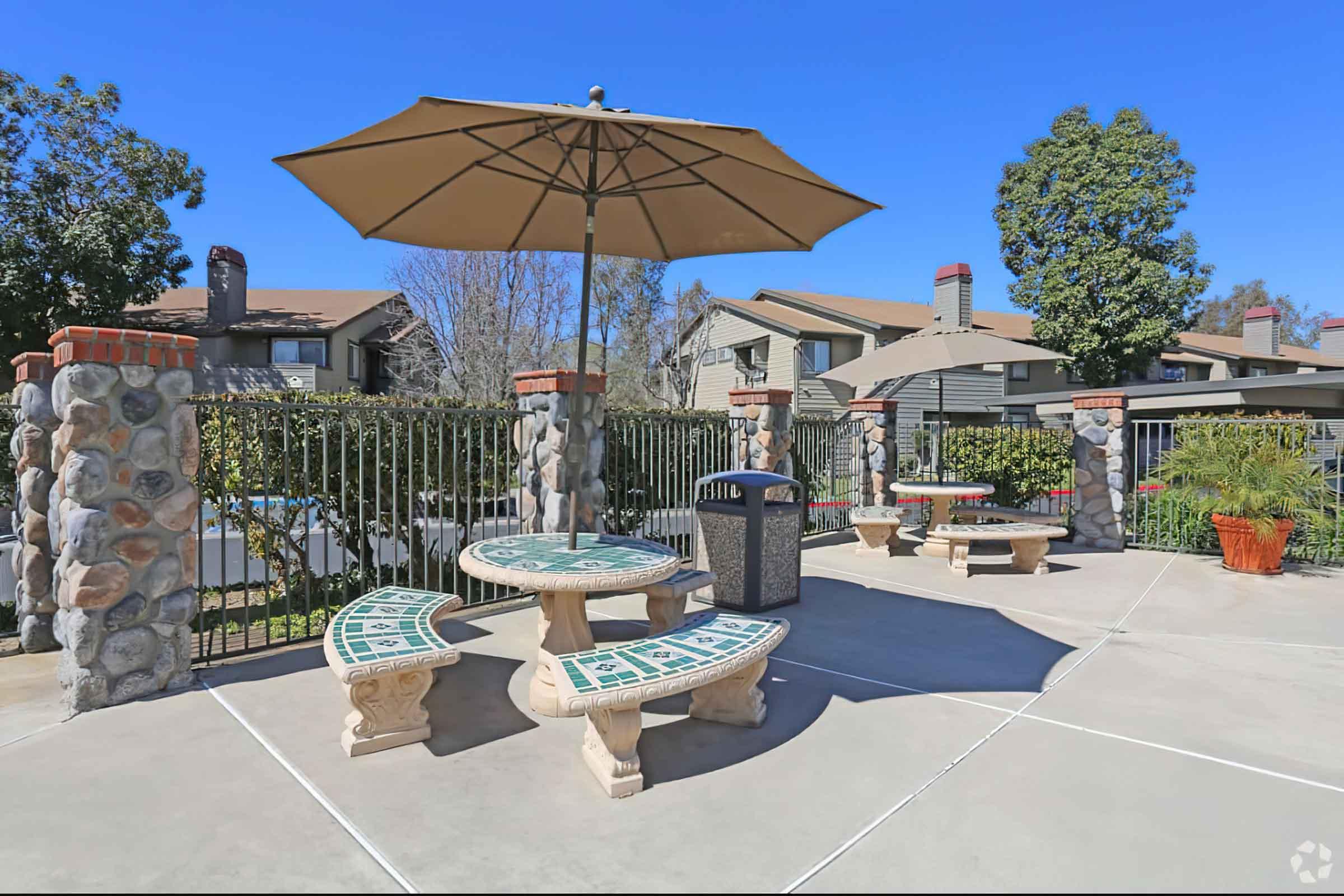 Outdoor seating area featuring stone benches with decorative tile work, a large umbrella providing shade, a trash can nearby, and a backdrop of residential buildings and greenery under a clear blue sky.