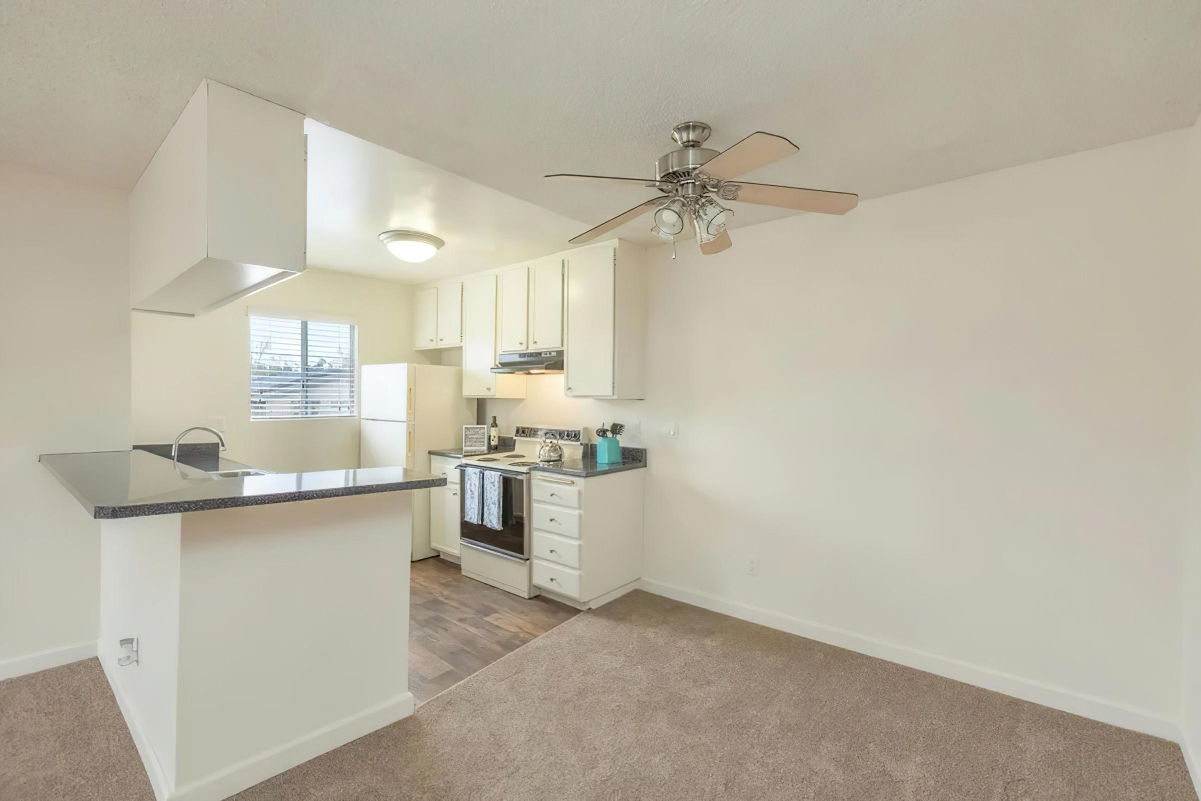 A modern kitchen area with a ceiling fan, featuring white cabinets, a black stove and oven, and a refrigerator. The space has light-colored walls and carpet, with a counter separating the kitchen from a living area. Natural light enters from windows on the left, creating a bright atmosphere.