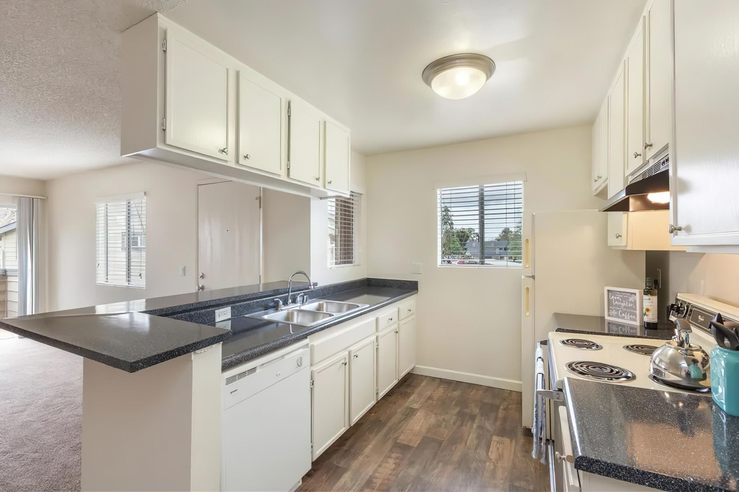 Modern kitchen with white cabinetry, dark countertops, and stainless steel appliances. A double sink is positioned under a window. The room features natural light, with a doorway leading to another space and carpet visible in the adjacent area.