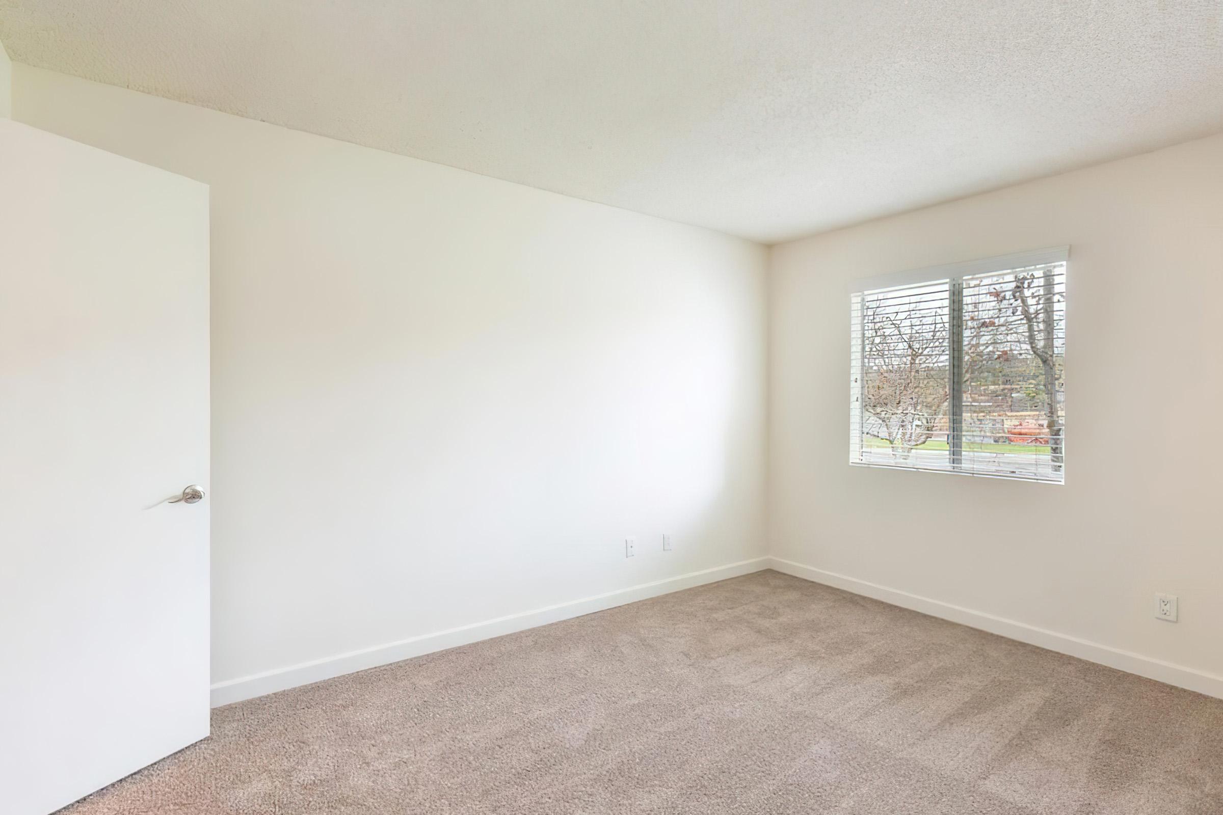 Empty, well-lit room with light-colored walls and carpeting. A white door on the left leads to another space, and a window on the right provides natural light, revealing a view of trees outside. The overall atmosphere is clean and minimalistic.