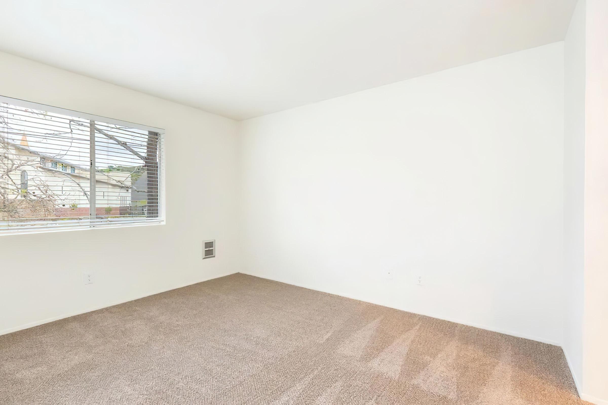 An empty room with beige carpet and white walls. A large window on the left side allows natural light to enter, revealing trees outside. The space is unfurnished, creating a minimalistic and spacious atmosphere.
