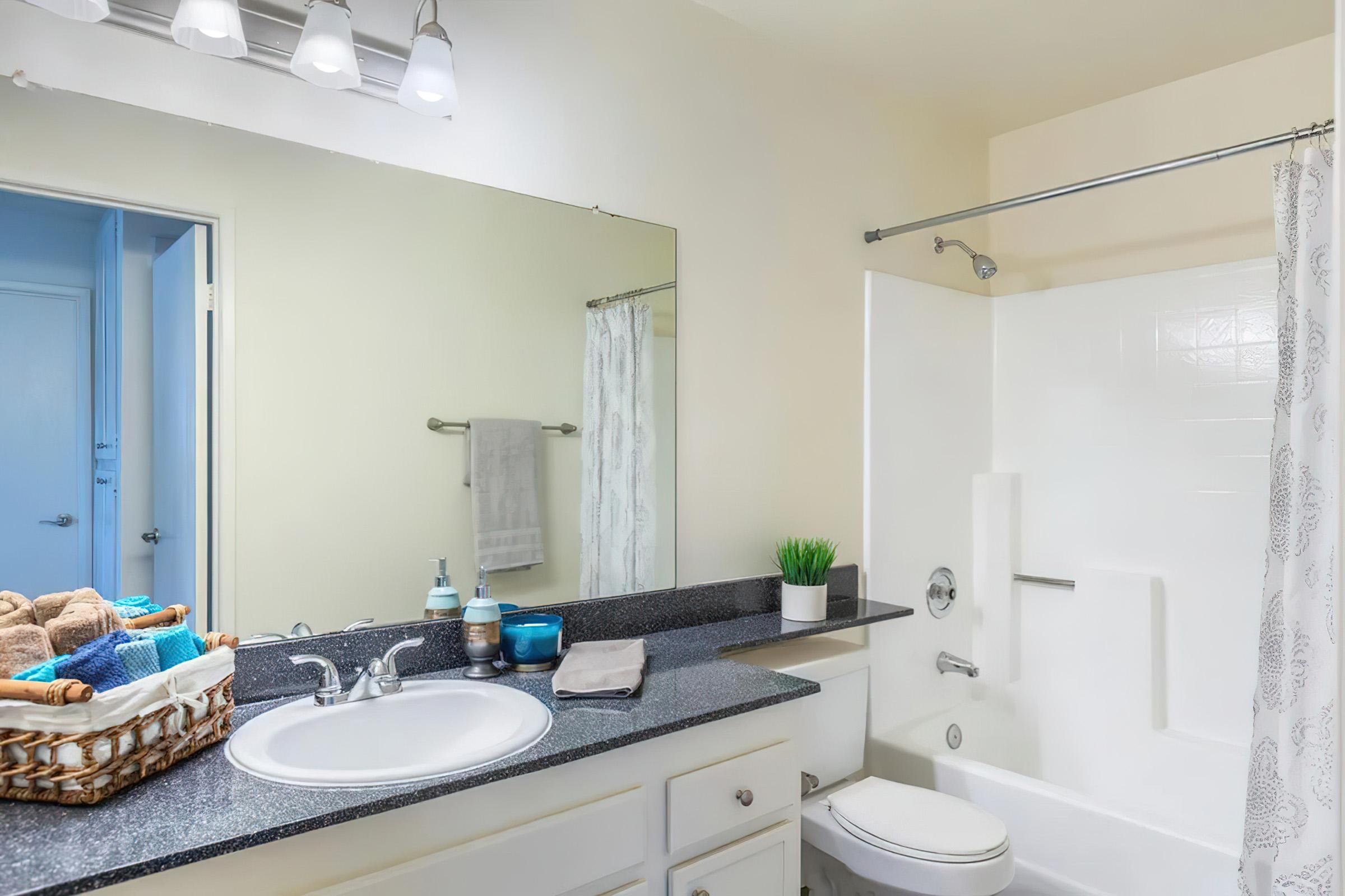 A clean and modern bathroom featuring a white bathtub with a shower curtain, a large mirror above a dark countertop with a sink, and neatly organized toiletries. A basket filled with towels and decorative items is on the counter, and a small potted plant adds a touch of greenery to the space.