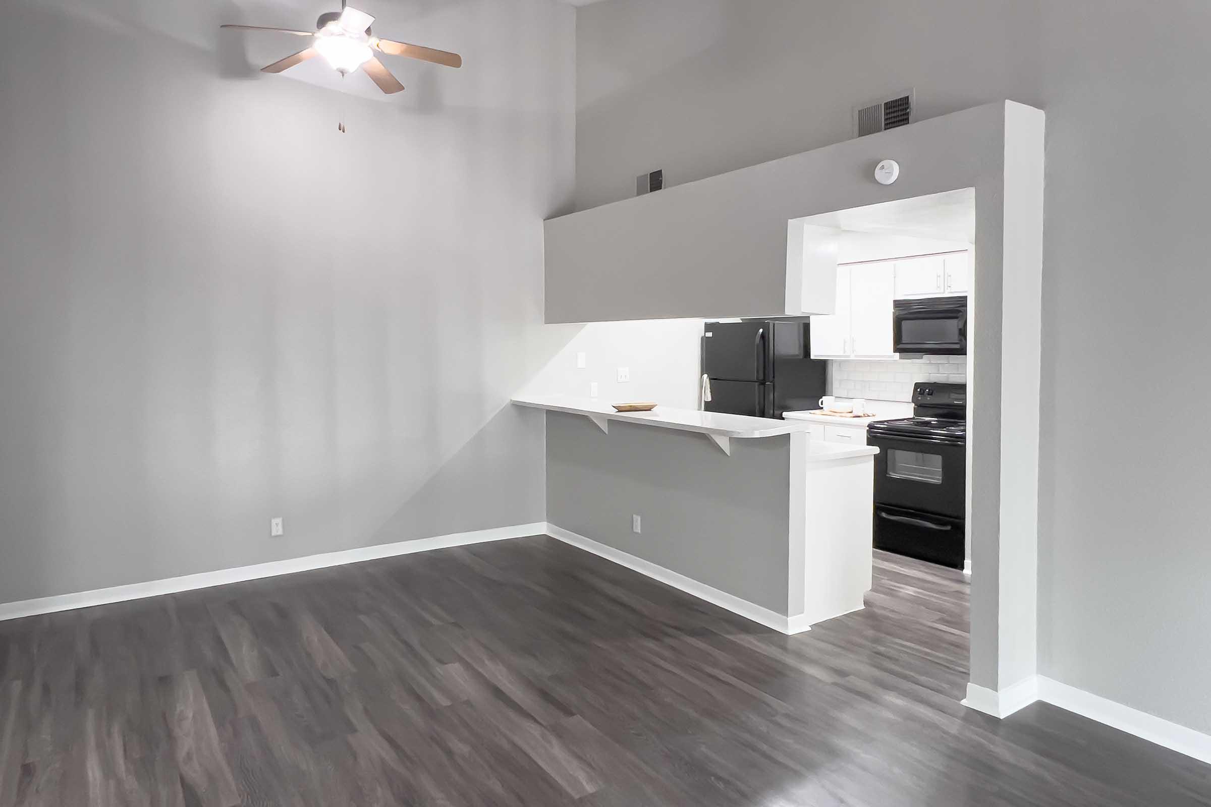 A spacious, modern room featuring a sleek kitchen with black appliances. The walls are painted in a light gray color, and the flooring is dark wood. A ceiling fan is installed, and there is a bright, open atmosphere with plenty of natural light.