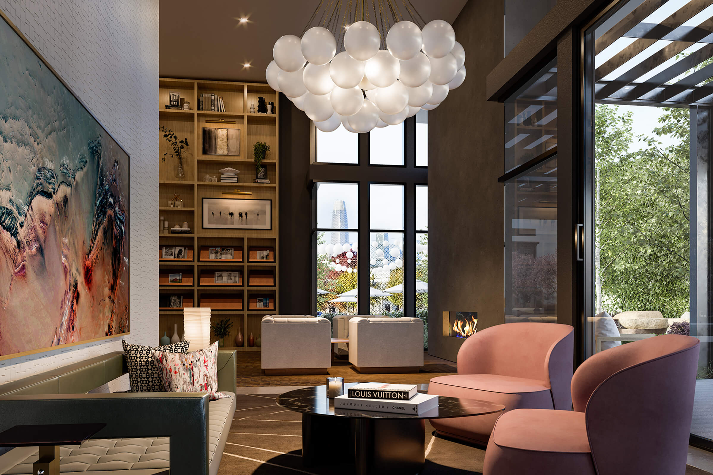 a living room filled with furniture and vase of flowers on a table