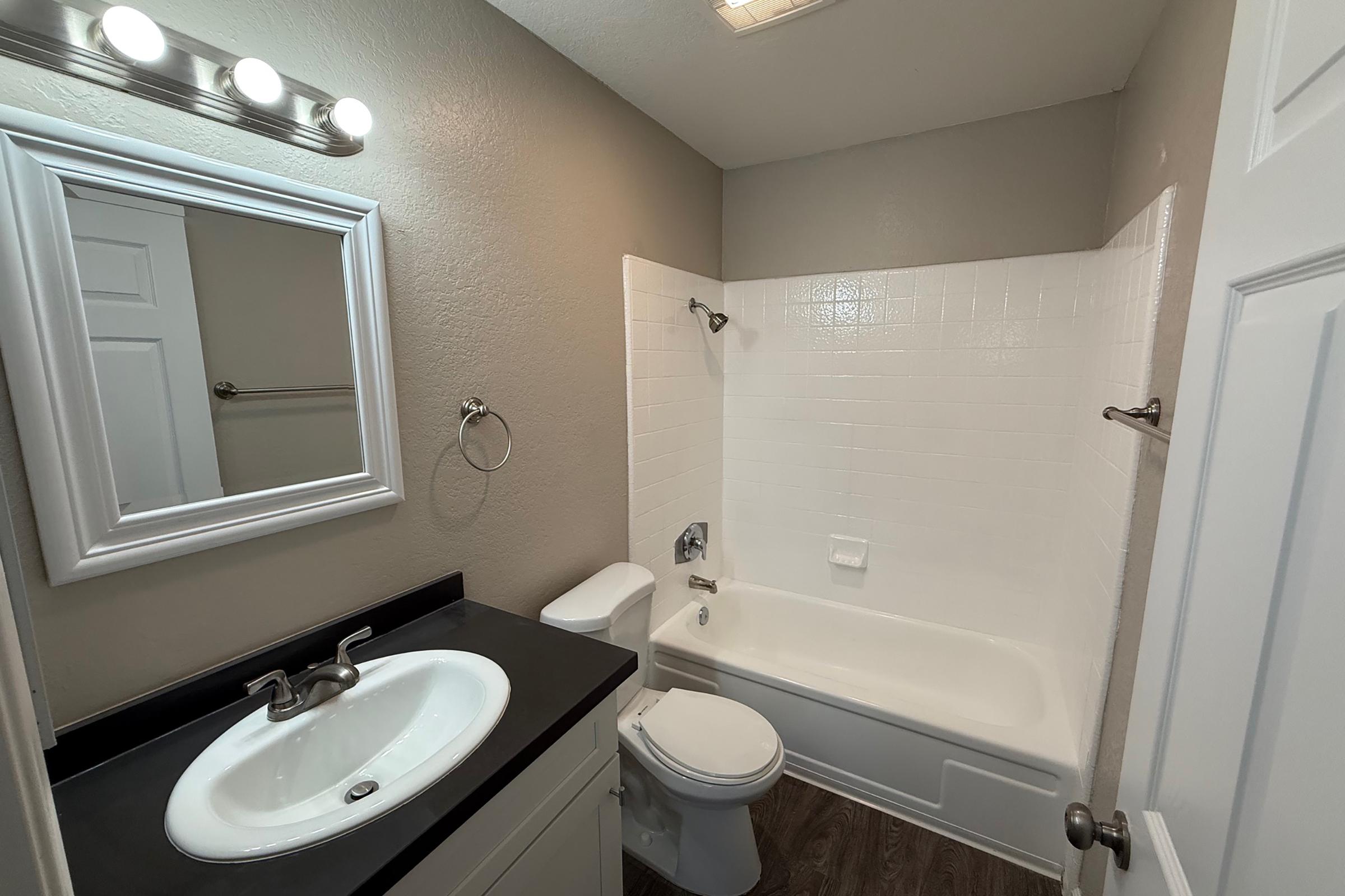 A modern bathroom featuring a white bathtub and shower combination, a sink with a dark countertop, a large mirror with lights above, and a toilet. The walls are painted in a light color, and the flooring is dark, giving the space a clean and contemporary look.