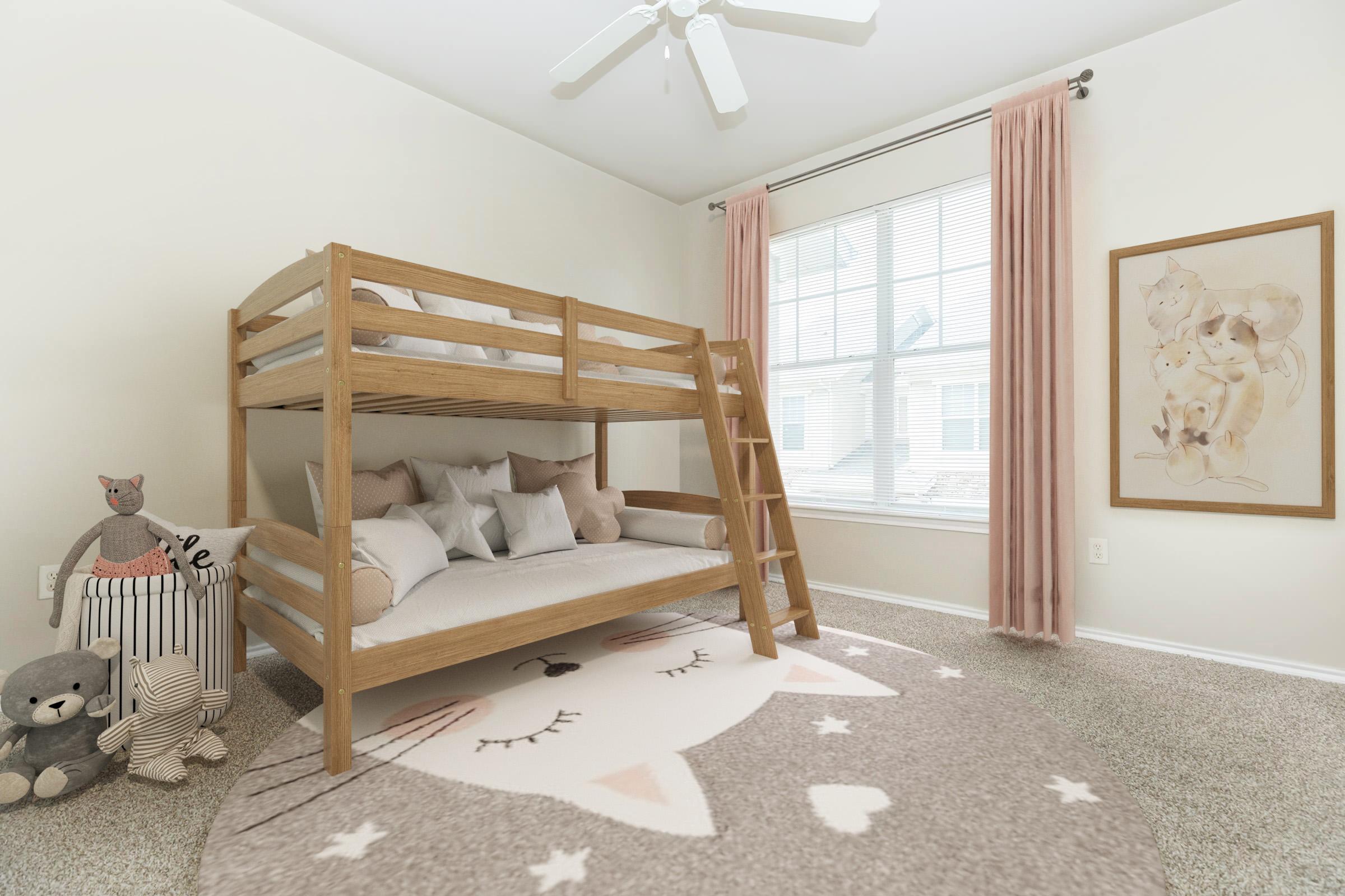 A cozy children's bedroom featuring a wooden bunk bed with soft pillows, a plush area rug shaped like a cat, and adorable stuffed animals. Large windows with light curtains allow natural light to brighten the room, adding a cheerful ambiance to the space.