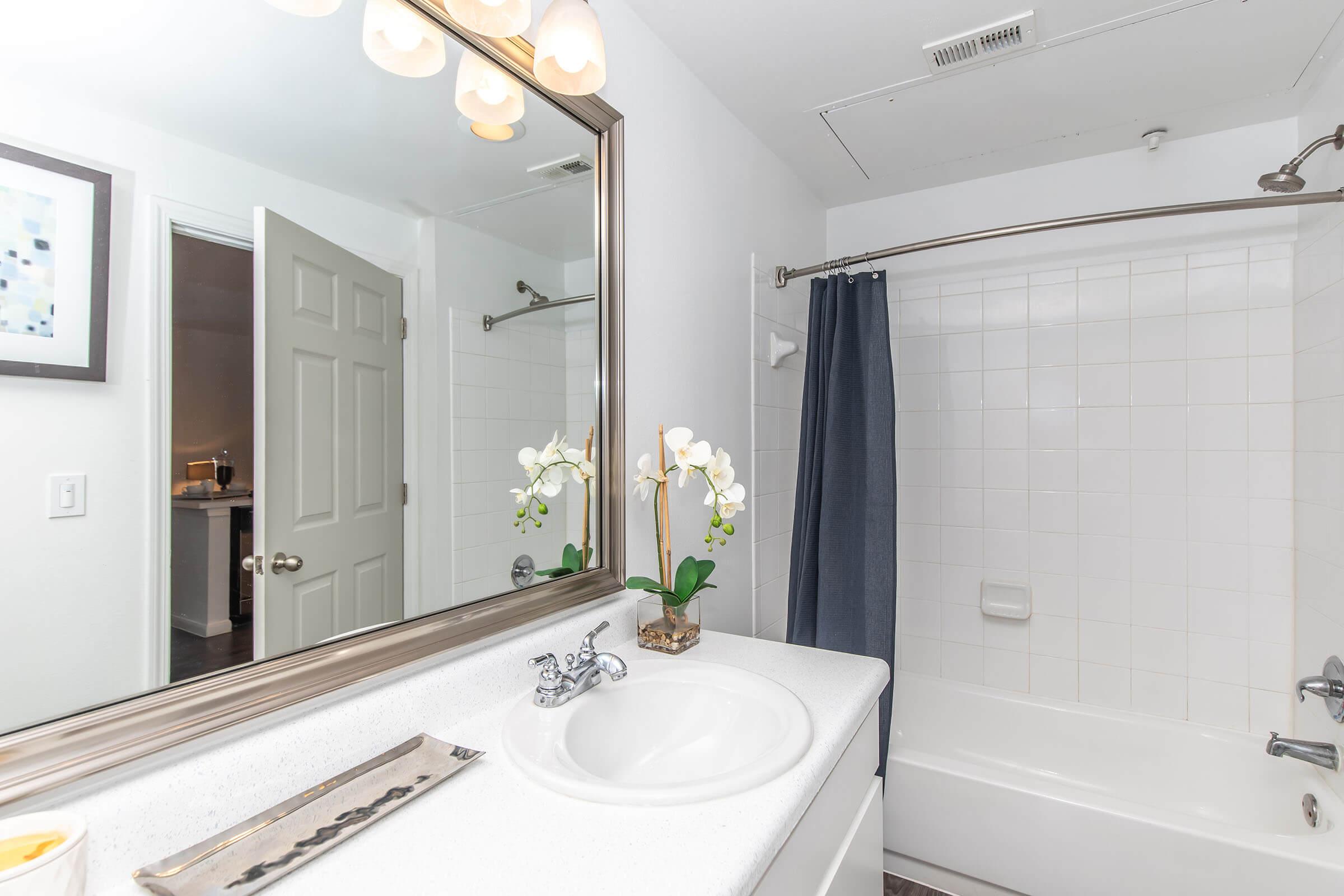 A bright bathroom featuring a white countertop with a sink, a large mirror with lights above, and a bathtub with a shower curtain. A decorative orchid plant sits on the counter, and there's an open door leading to another room visible in the background. The walls are painted white, complementing the modern fixtures.