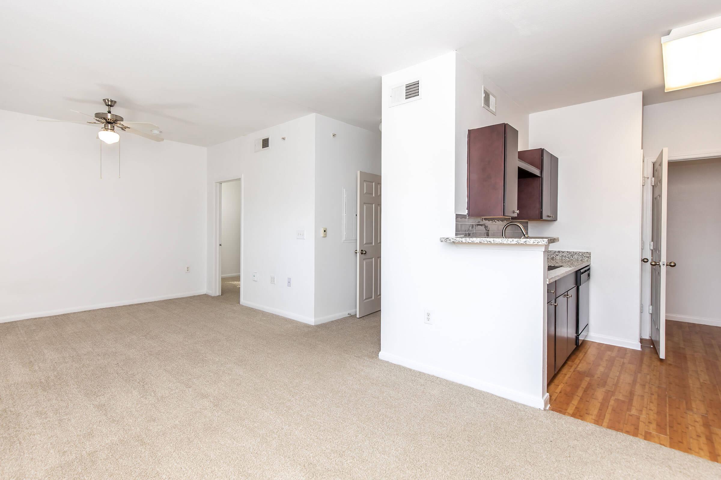 A spacious apartment interior featuring a light-colored carpet, a ceiling fan, and an open layout. The kitchen area includes dark cabinetry and a granite countertop. Natural light brightens the room from nearby windows, and there are two doorways leading to additional spaces. The walls are painted white, creating a clean and modern look.
