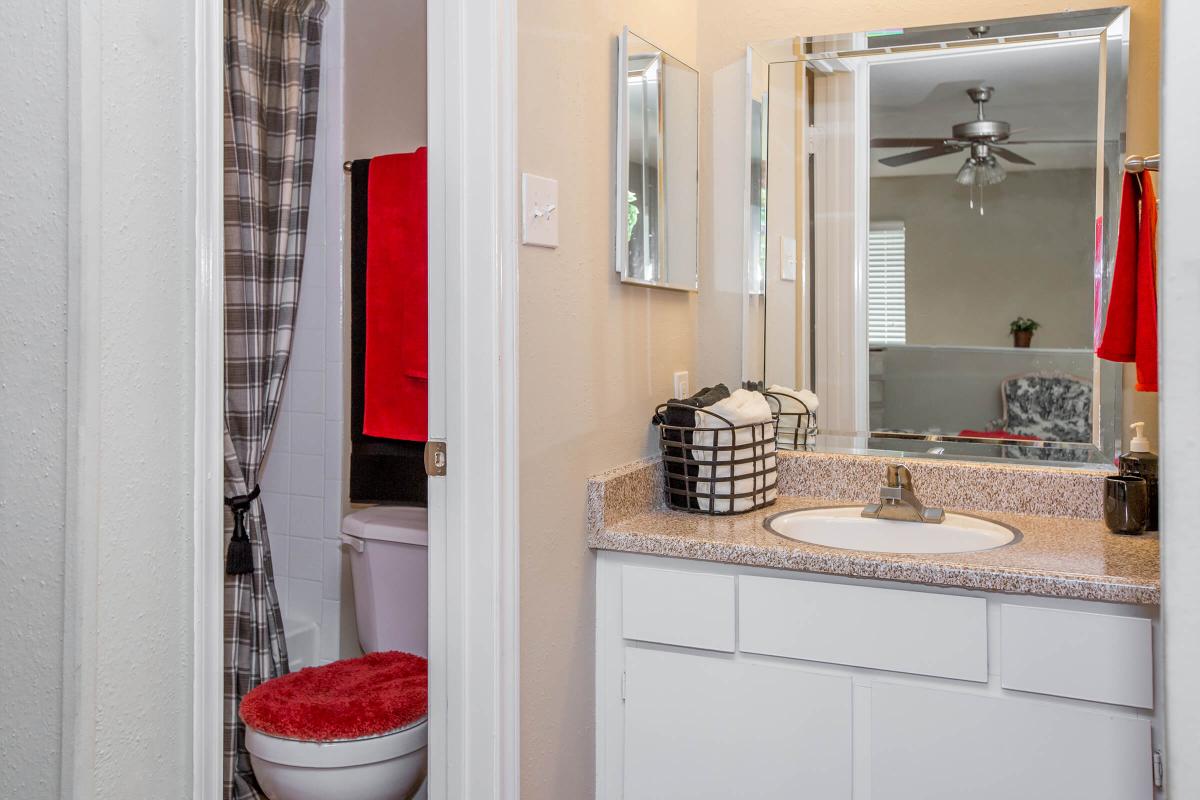 a red and white shower curtain