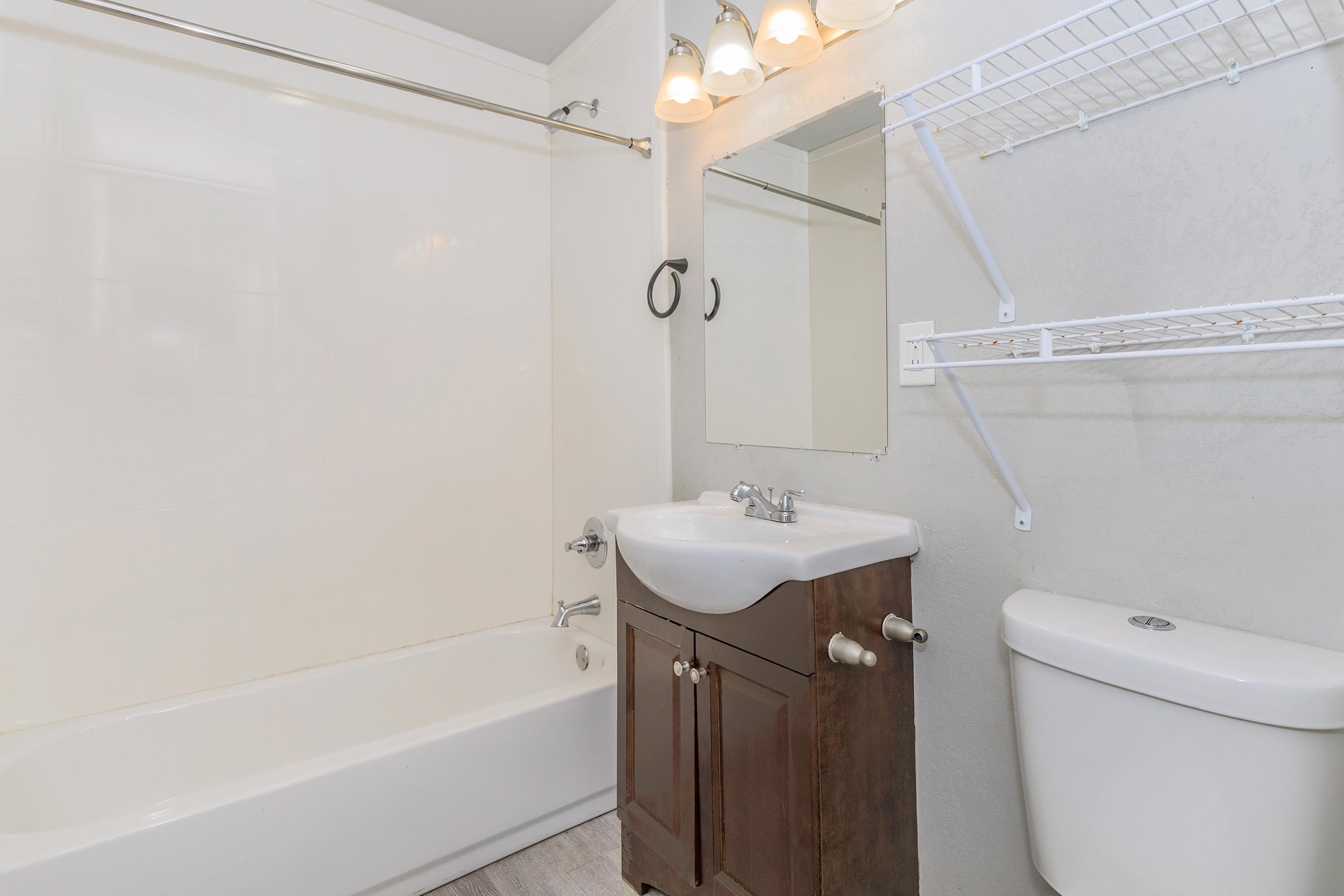 A clean and modern bathroom featuring a white bathtub with a shower, a mirrored vanity with a sink, dark wood cabinetry, and a white toilet. There is also a wall-mounted rack for storage. The walls are light-colored, enhancing the overall brightness of the space.