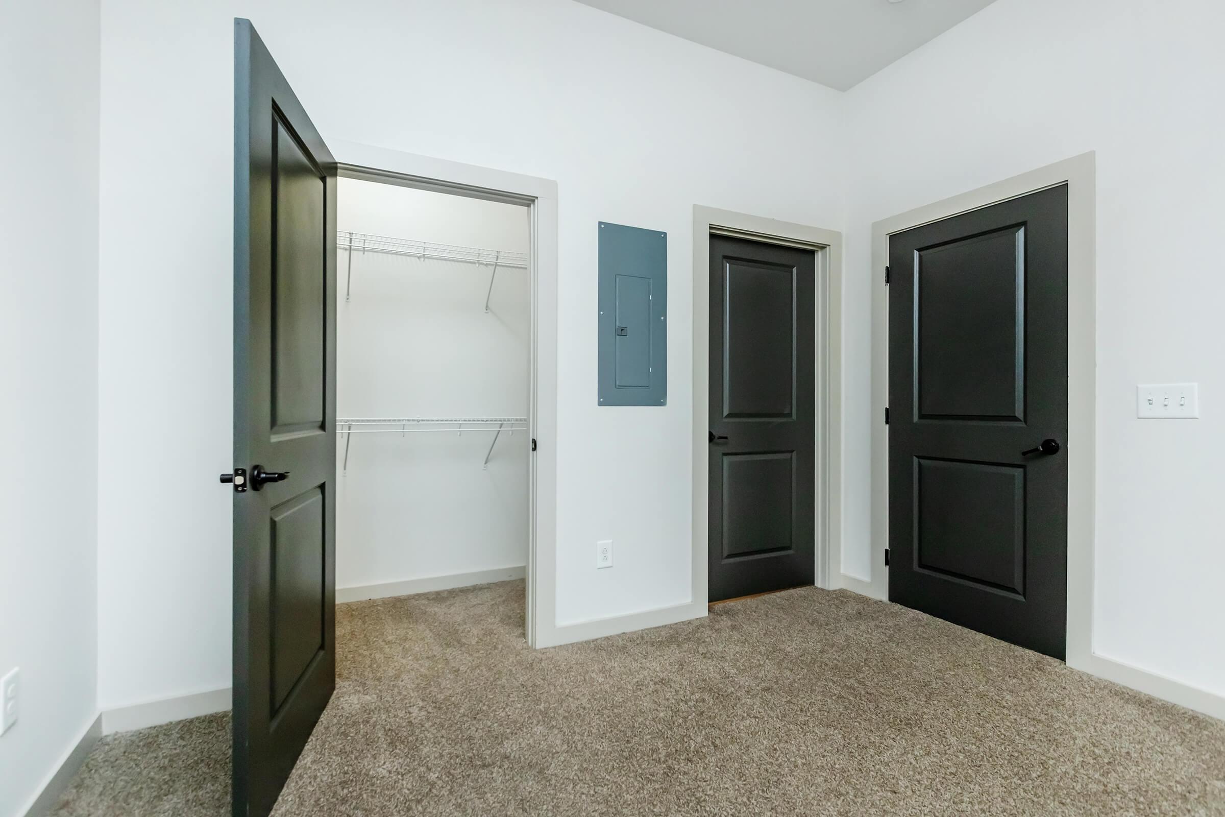 Closet view with bathroom and entrance doors