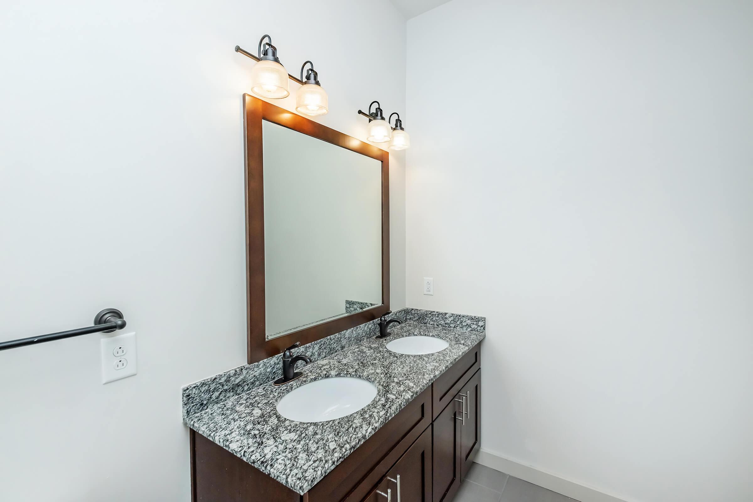 Two sinks with granite countertop, mirror and lights in bathroom 1