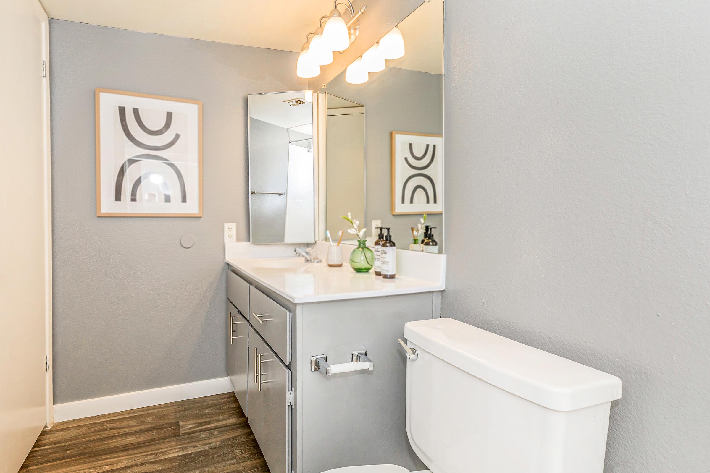 A modern bathroom featuring a clean, minimalist design. The space includes a sleek white sink and toilet, a large mirror, and two framed abstract wall art pieces. Soft lighting from overhead fixtures illuminates the stylish gray walls and wooden floor, creating a bright and inviting atmosphere.