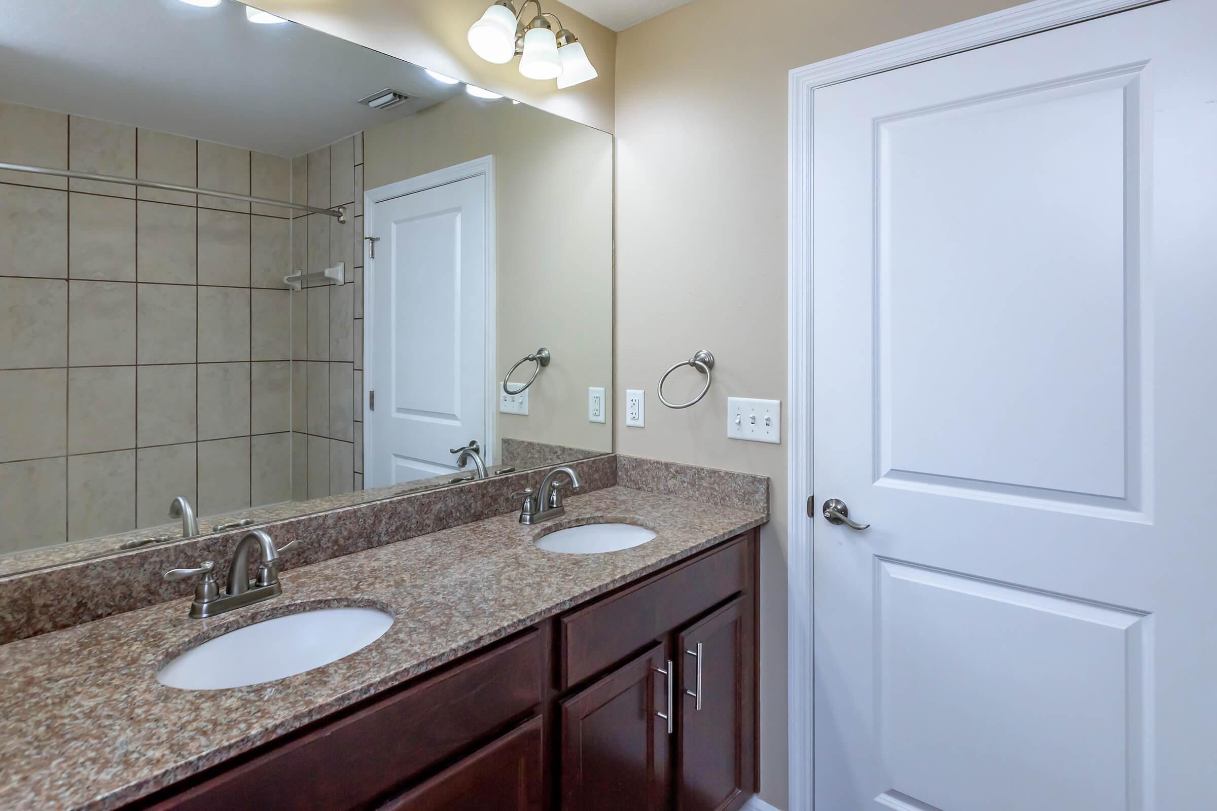 a double sink and large mirror