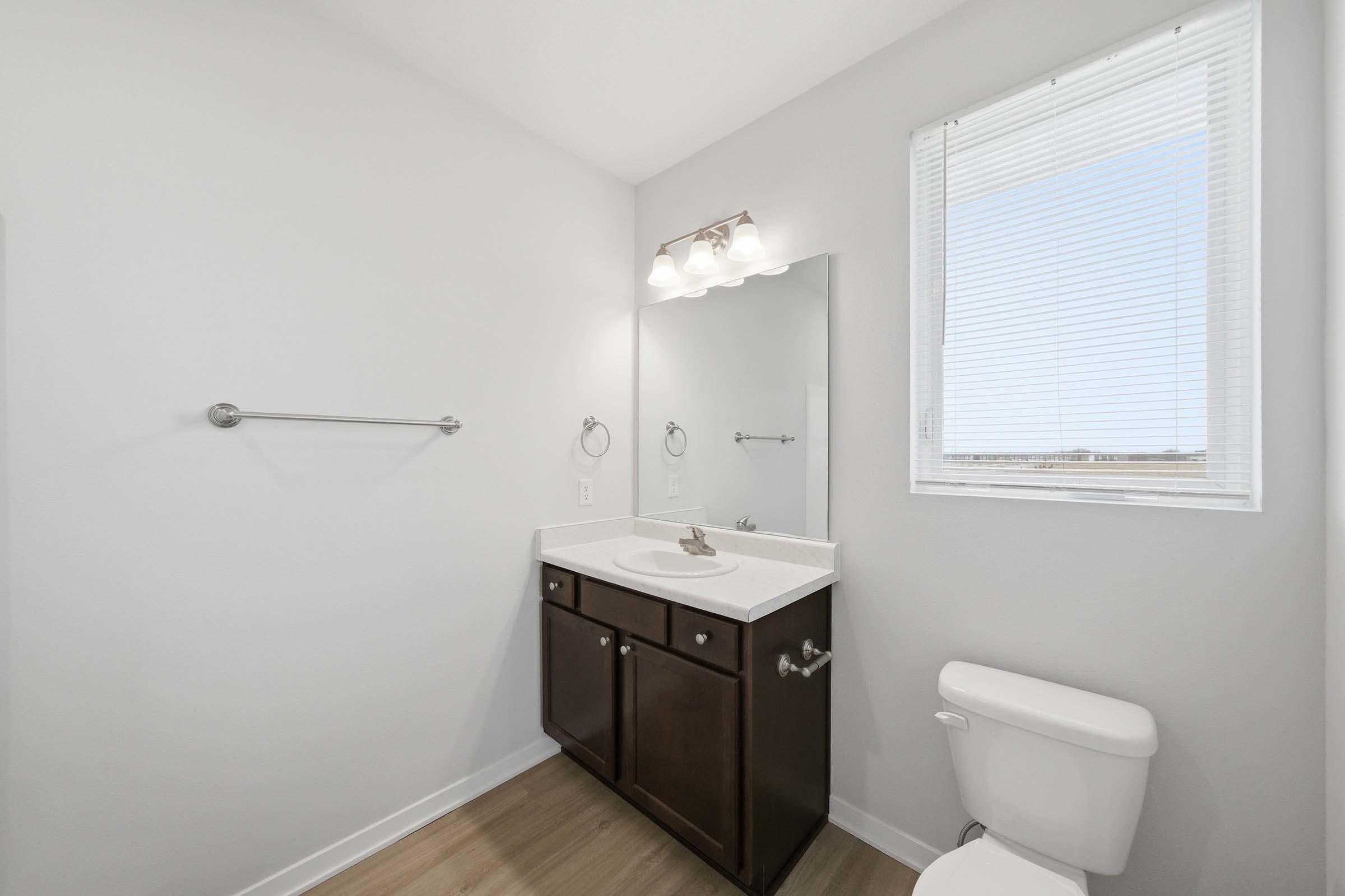 A modern bathroom featuring a sink with a white countertop, dark cabinetry, a large mirror, and a light fixture above. There is a towel rack and two round hooks on the wall. A white toilet is positioned next to the sink. Natural light streams in through a window with blinds. The floor is light-colored wood.