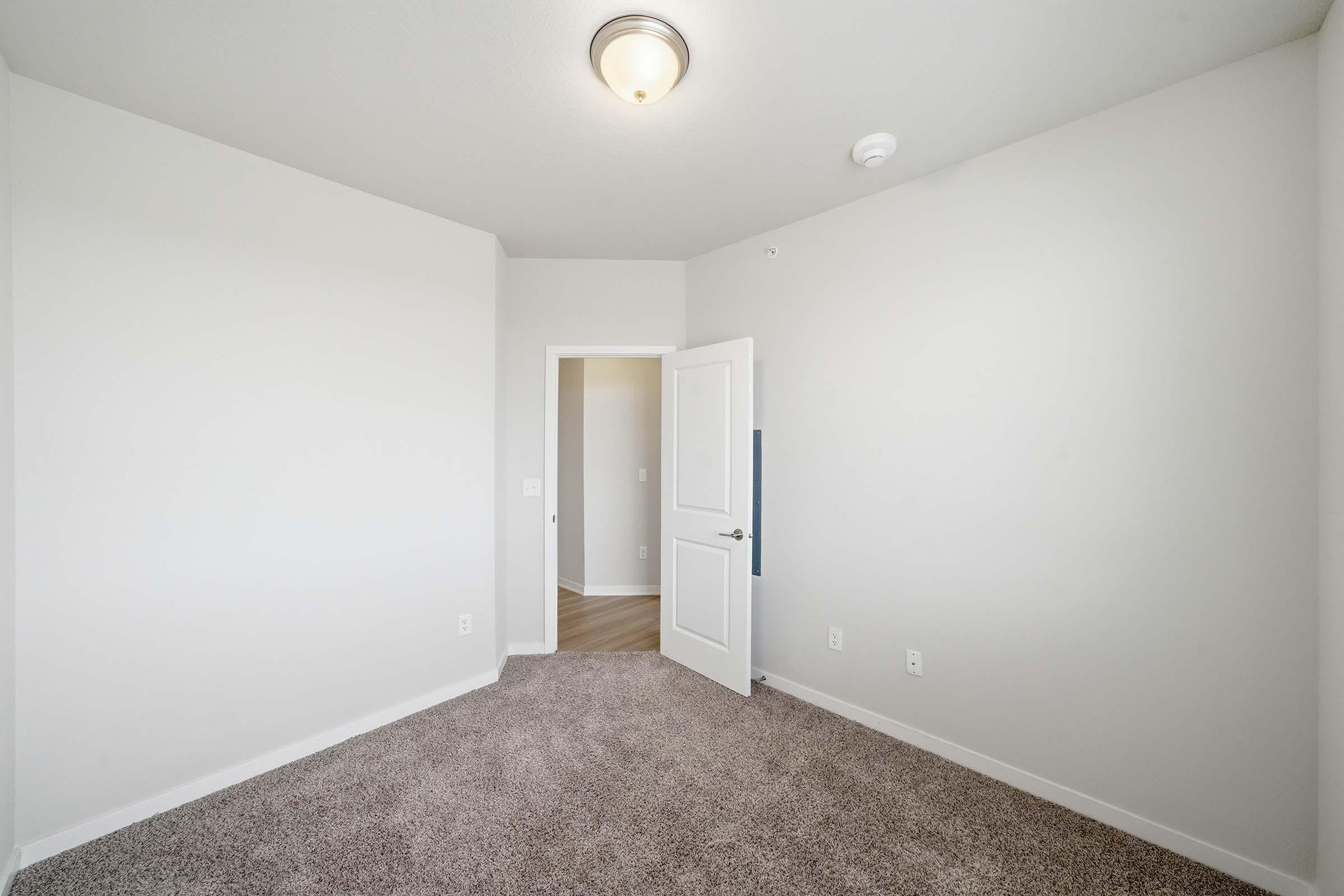 A well-lit, empty room with light-colored walls and carpeting. A closed door on the right leads to another space. The room features a ceiling light fixture and a single door on the left side. The overall atmosphere is clean and modern, suitable for various uses such as an office or bedroom.