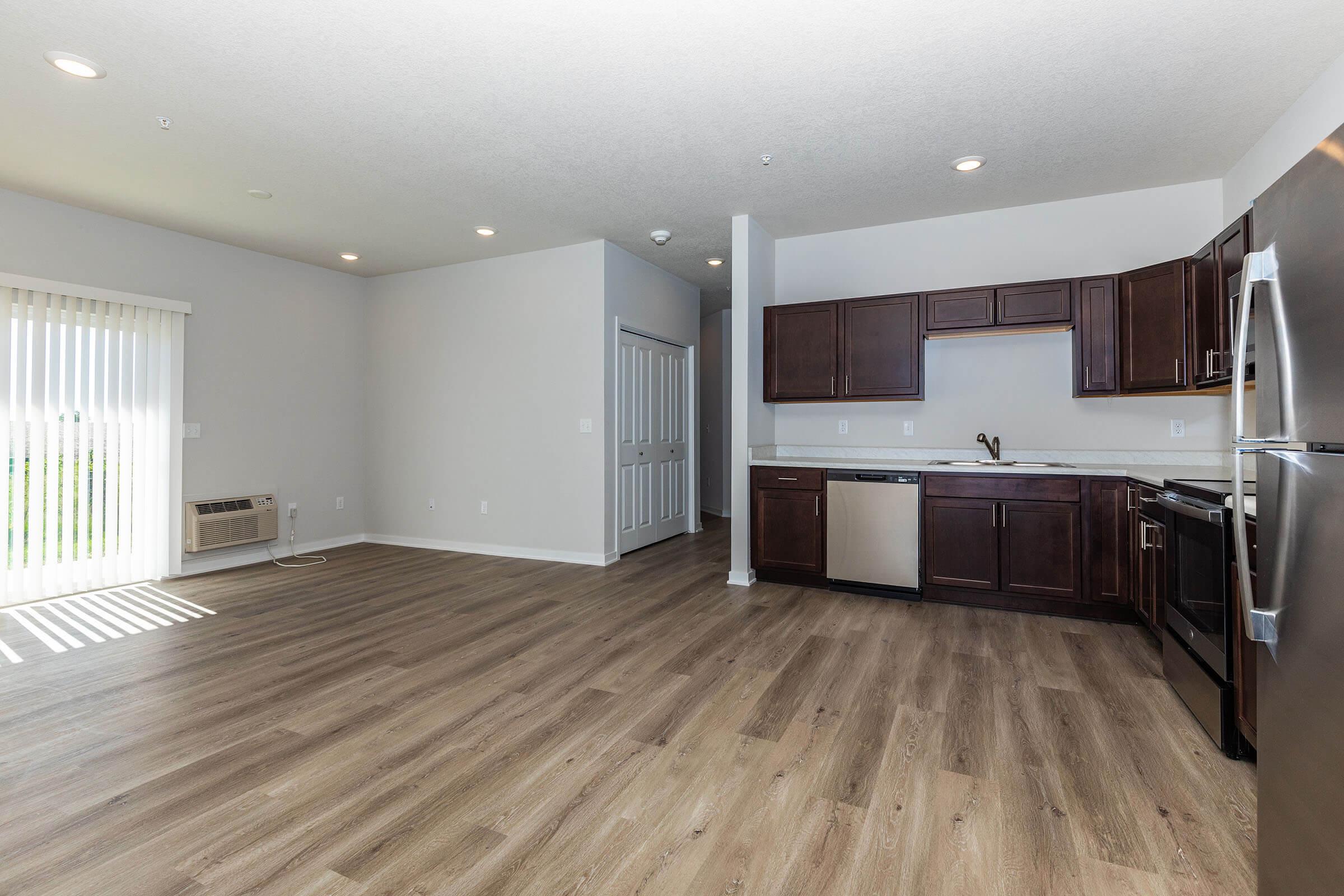 a large room with a wood floor