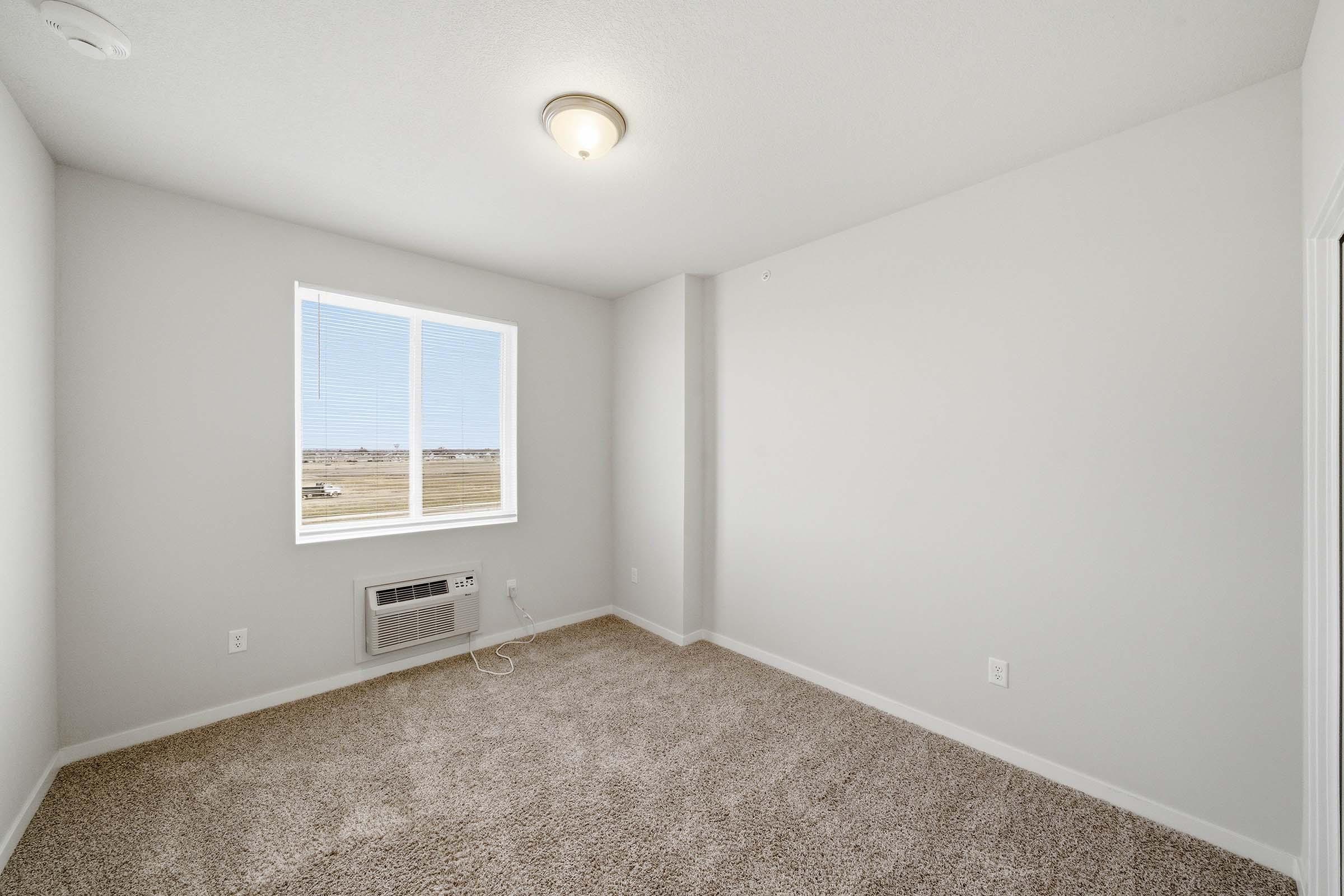 Empty room with light beige carpet and light gray walls. A window with blinds overlooks an outdoor view, and an air conditioning unit is installed beneath it. The ceiling features a simple light fixture, and the overall space appears bright and uncluttered.