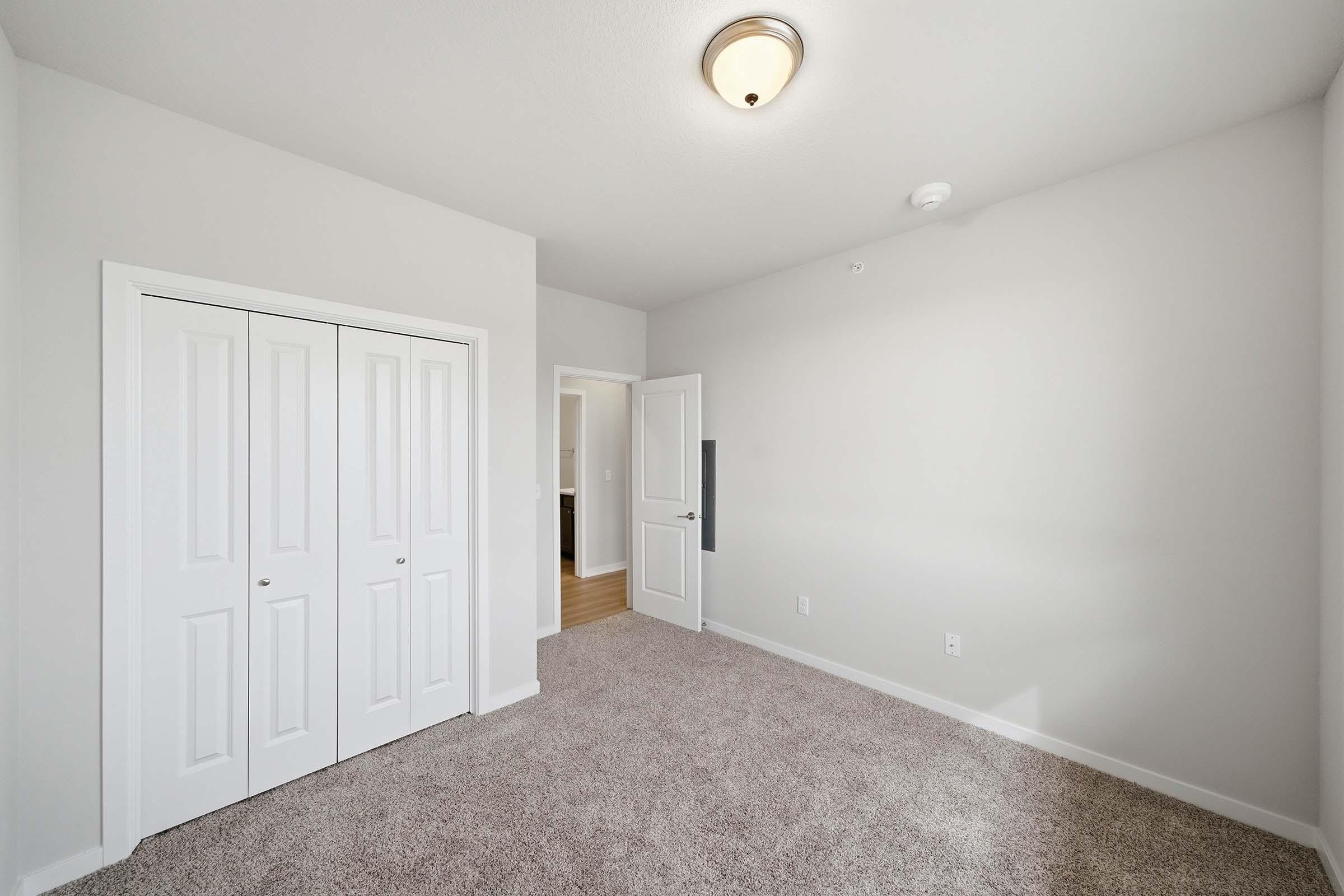 A clean, empty room featuring light gray walls and beige carpet. There is a ceiling light fixture and a pair of white double doors leading to a closet. The room has a simple, uncluttered design, offering a spacious feel with natural light coming from an unseen window.