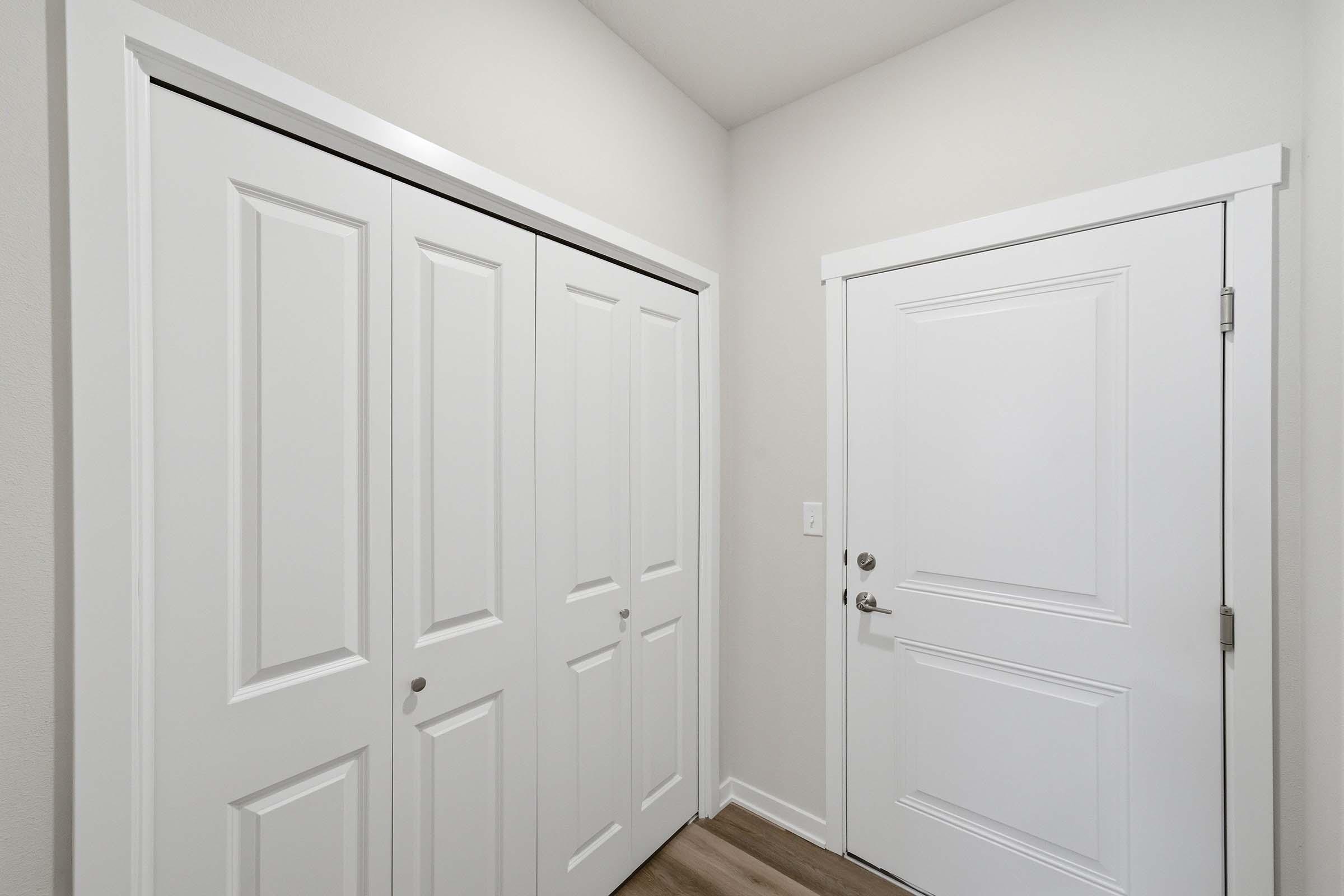 A bright and modern entryway featuring two white doors with paneling—one is a closet and the other is the main entrance. The walls are painted light gray, and the flooring is a warm, wooden tone, creating a welcoming atmosphere.