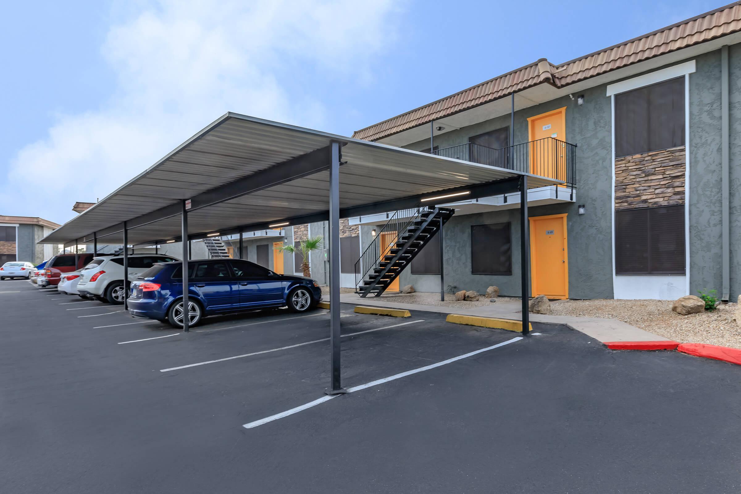 a parking lot in front of a building