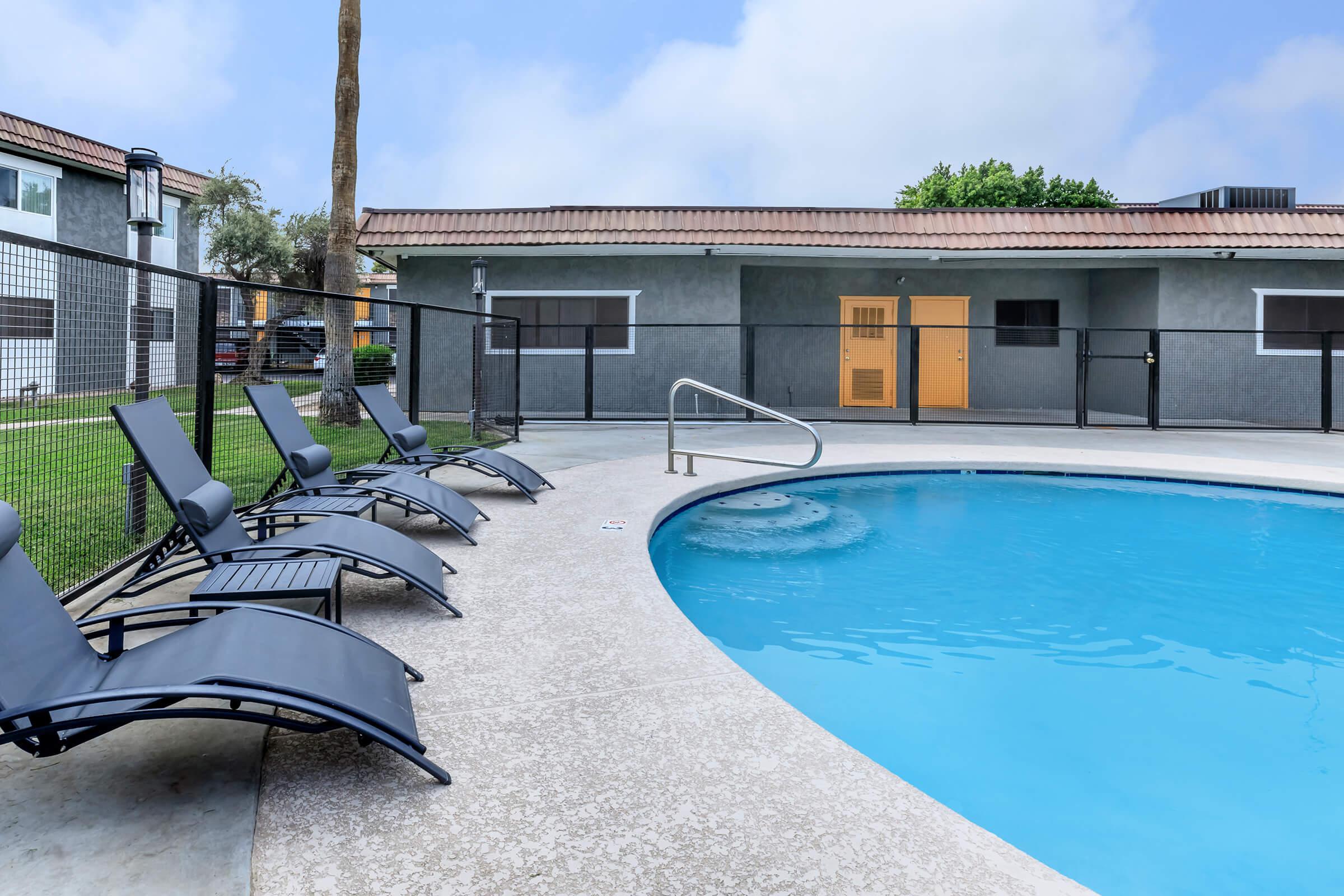 a pool of water in front of a building