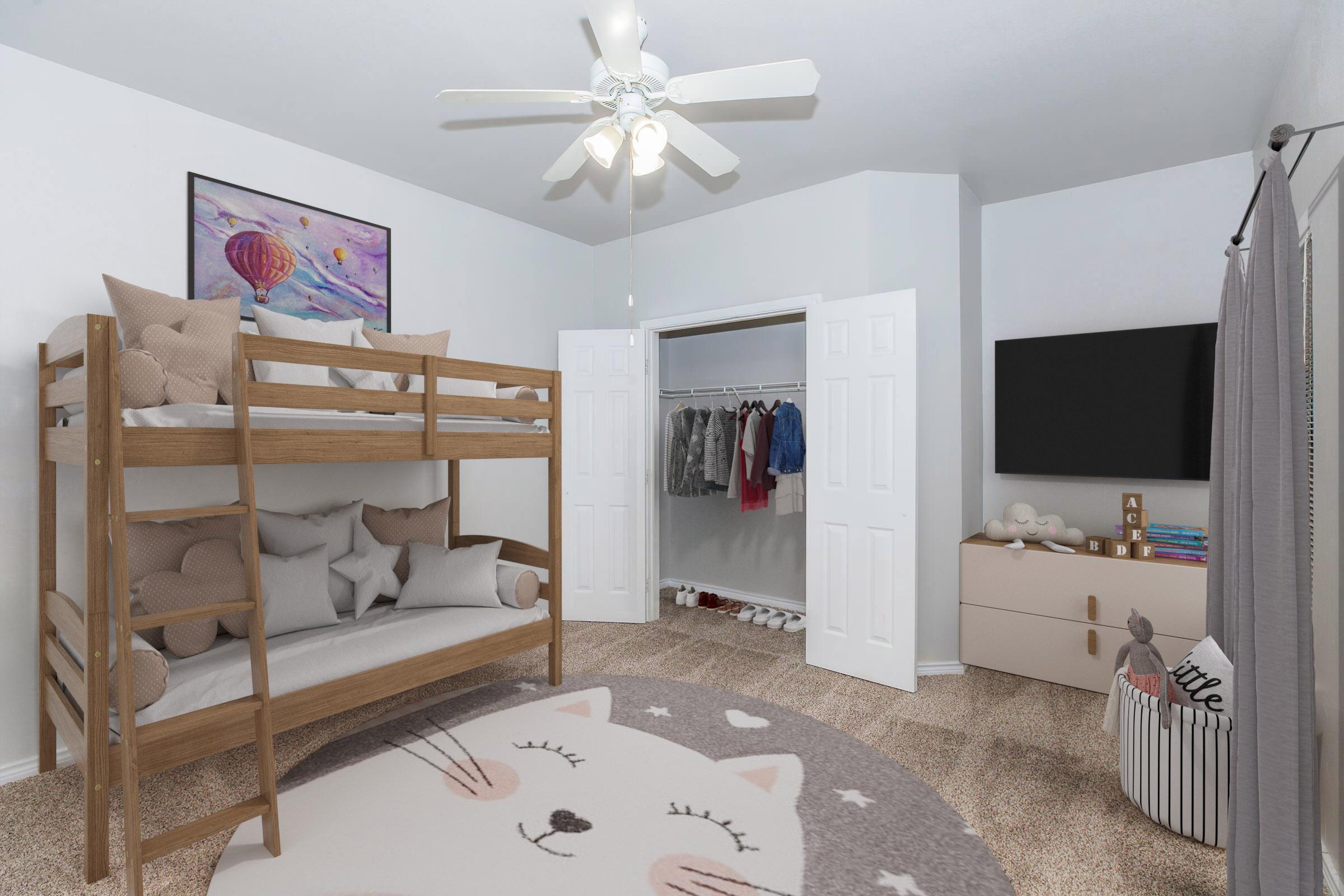 A cozy children’s bedroom featuring a wooden bunk bed with soft pillows, a cat-shaped area rug, a wall-mounted TV, a dresser, and a closet with hanging clothes. The room has light walls, a ceiling fan, and colorful artwork of hot air balloons. Soft lighting creates a warm, inviting atmosphere.