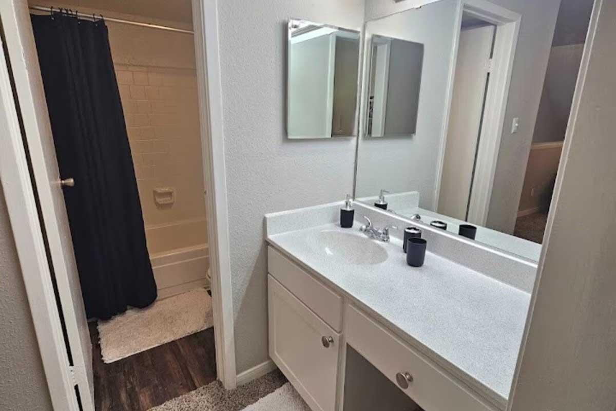 A modern bathroom featuring a double vanity with a white countertop, two mirrors, and black accessories. A shower area with a black curtain is visible, and the floor has light-colored rugs. The walls are painted a neutral shade, creating a clean and spacious appearance.