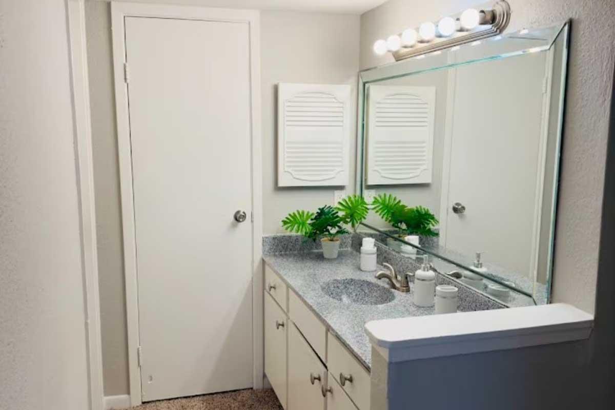 A modern bathroom featuring a light-colored countertop with a sink, a large mirror above it, and a wall-mounted light fixture. There are potted plants for decoration, and a closed door on one side. The walls are painted a soft gray, adding to the bright and clean aesthetic of the space.